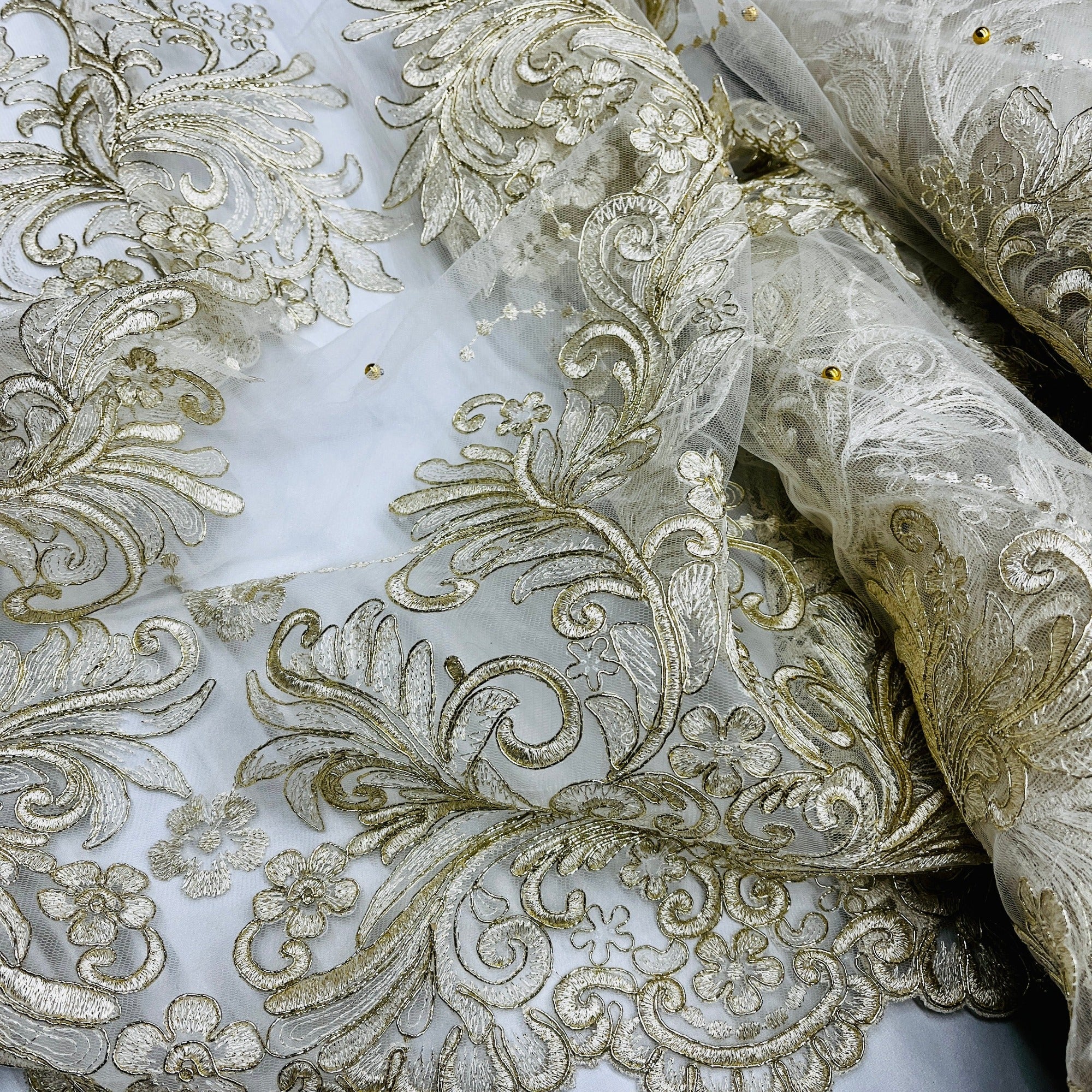 Beaded & Corded Bridal Lace Fabric Embroidered on 100% Polyester Net Mesh | Lace USA - 73013W-NB