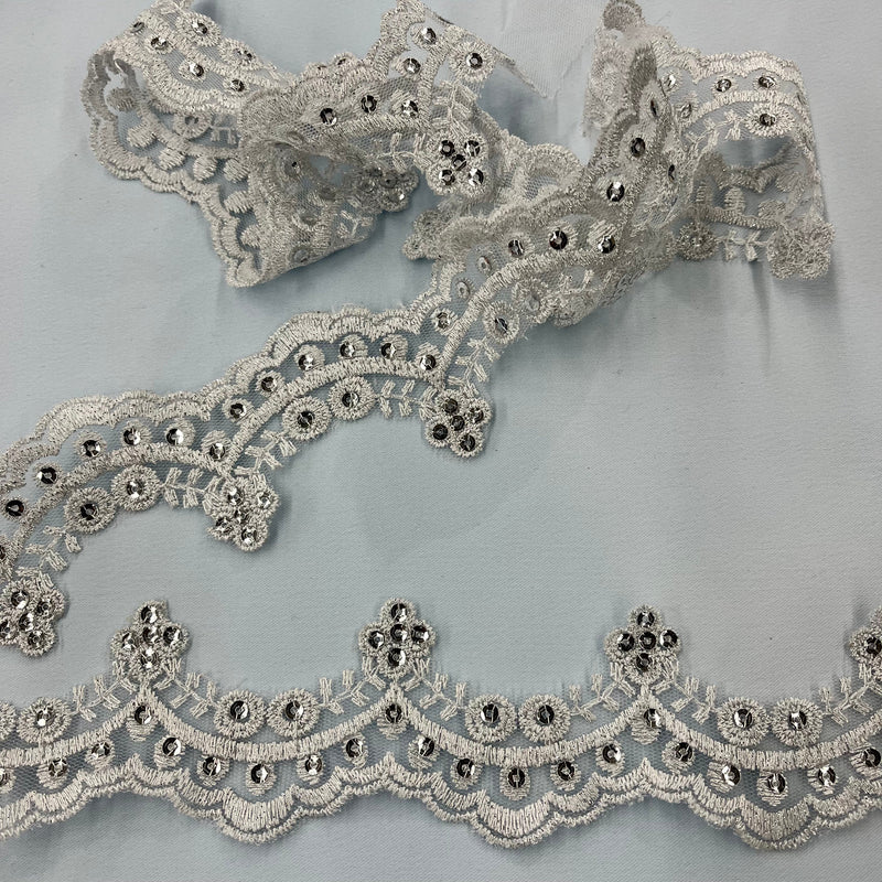 Sequin Beaded Lace Trimming Embroidered on 100% Polyester Net Mesh | Lace USA - KZ-49W-SB