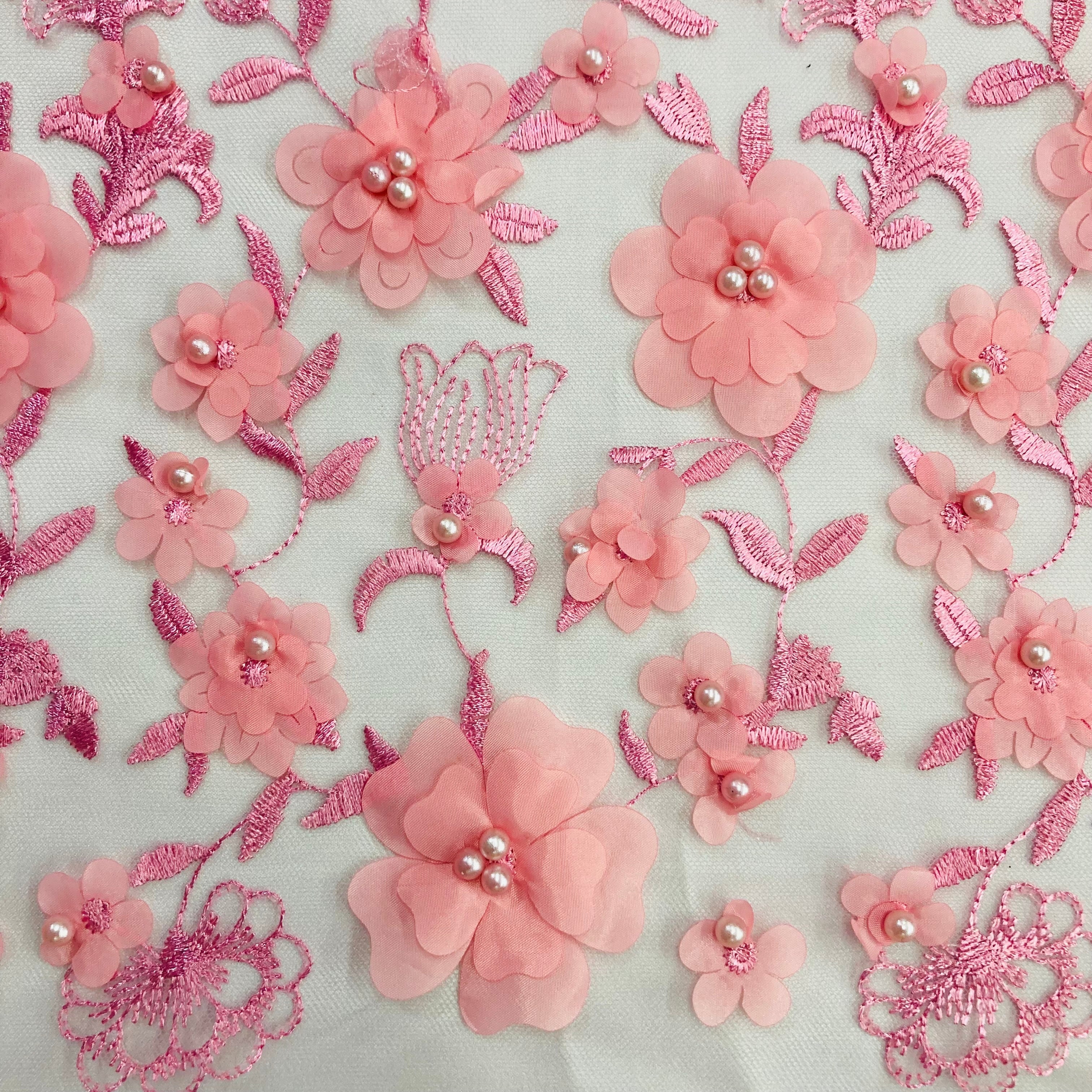 Beaded 3D Floral Lace Fabric Embroidered on 100% Polyester Net Mesh | Lace USA - GD-241