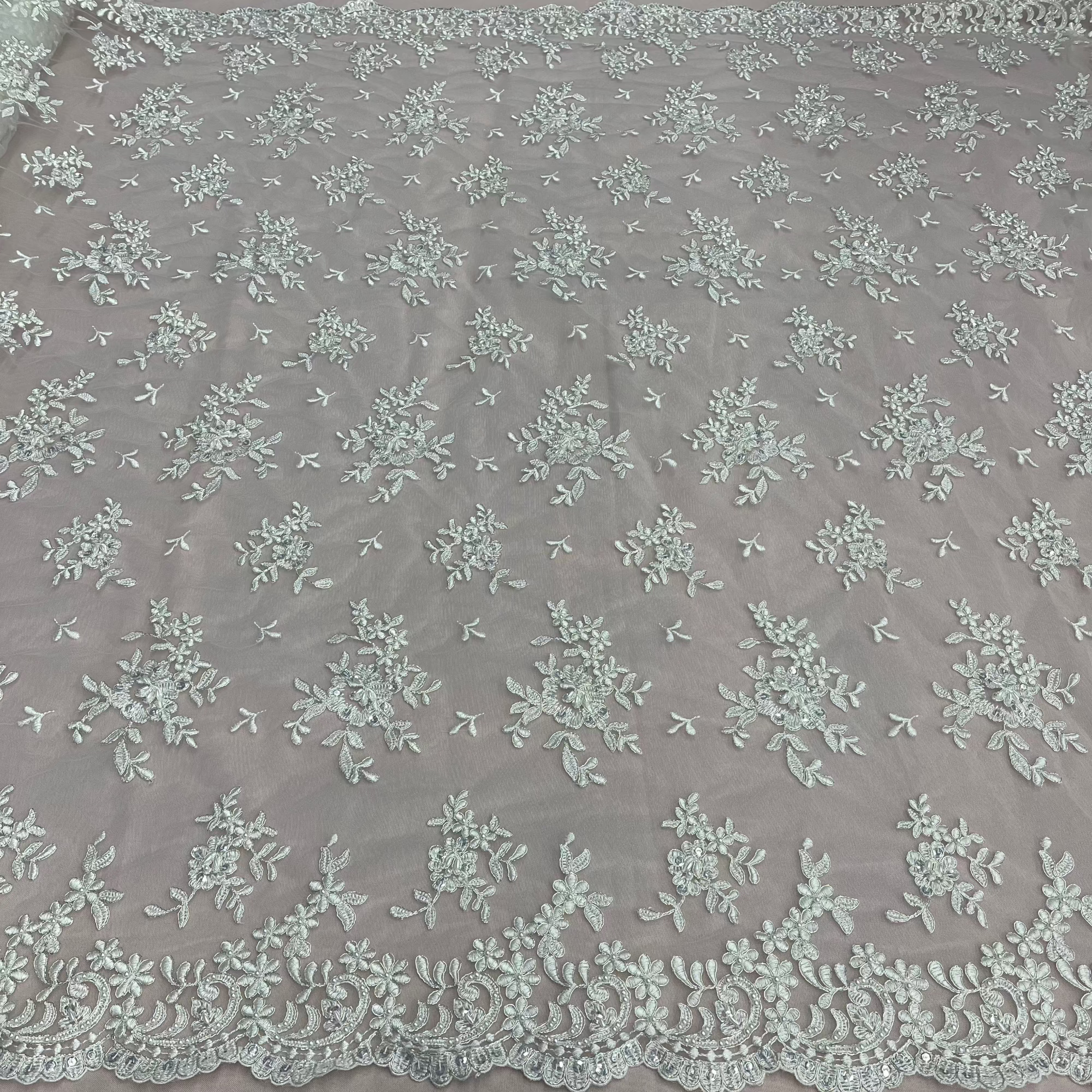 Beaded & Corded Lace Fabric – Floral Design with Scalloped Edges | Lace USA - 91436W-BP