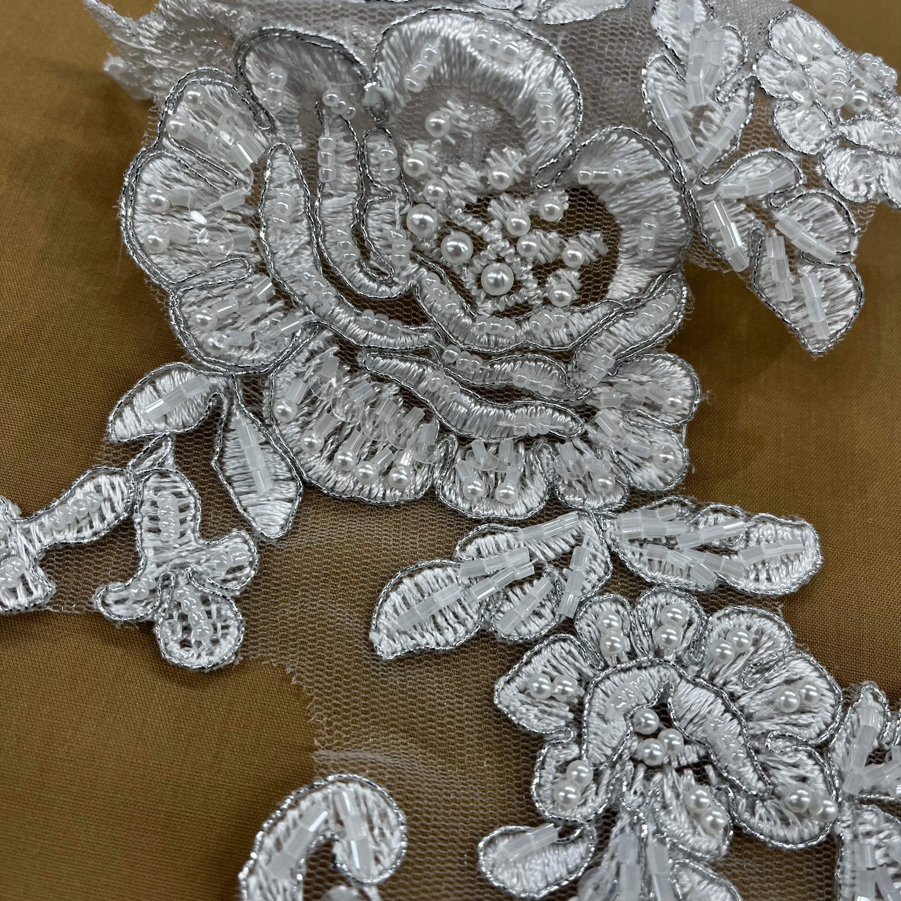 Beaded & Corded Floral Lace Applique Embroidered on 100% Polyester Net Mesh | Lace USA - 96437W-BP