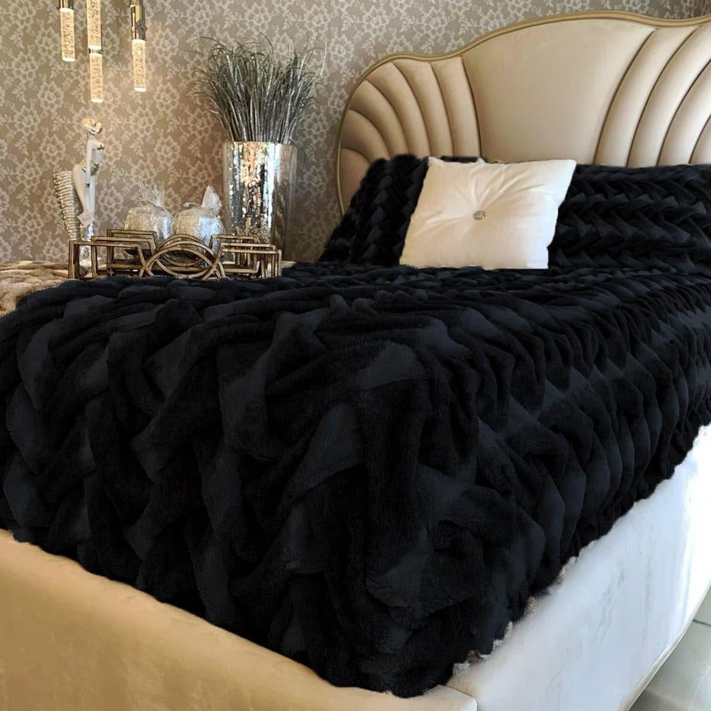 Braided Fluffy Faux Fur Chinchilla Black Bed Cover/ Coverlet/ Blanket/ Comforter/ King Cal Size - Queen Size