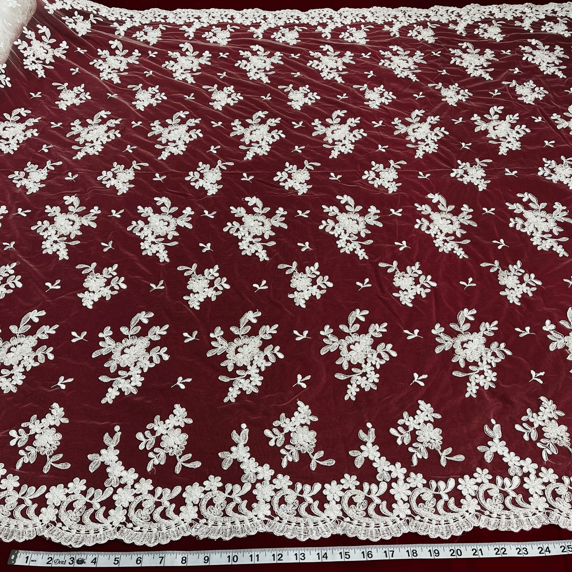 Beaded & Corded Lace Fabric – Floral Design with Scalloped Edges | Lace USA - 91436W-BP