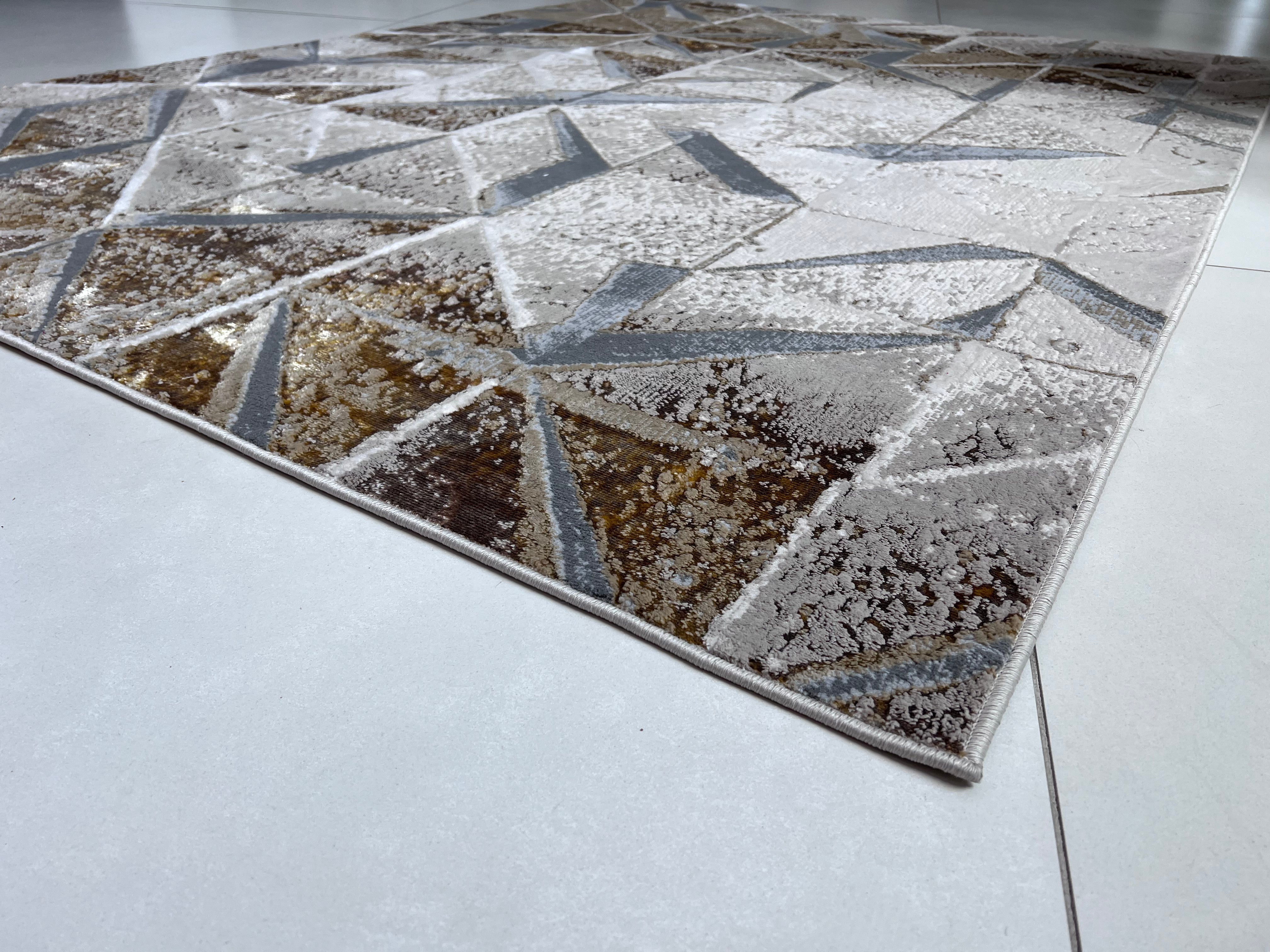 Polyester Silver with Gold Viscose Blend Geometric Design Rug/Carpet - Style# Maximus 242 - Color-Changing Flat Weave Rug