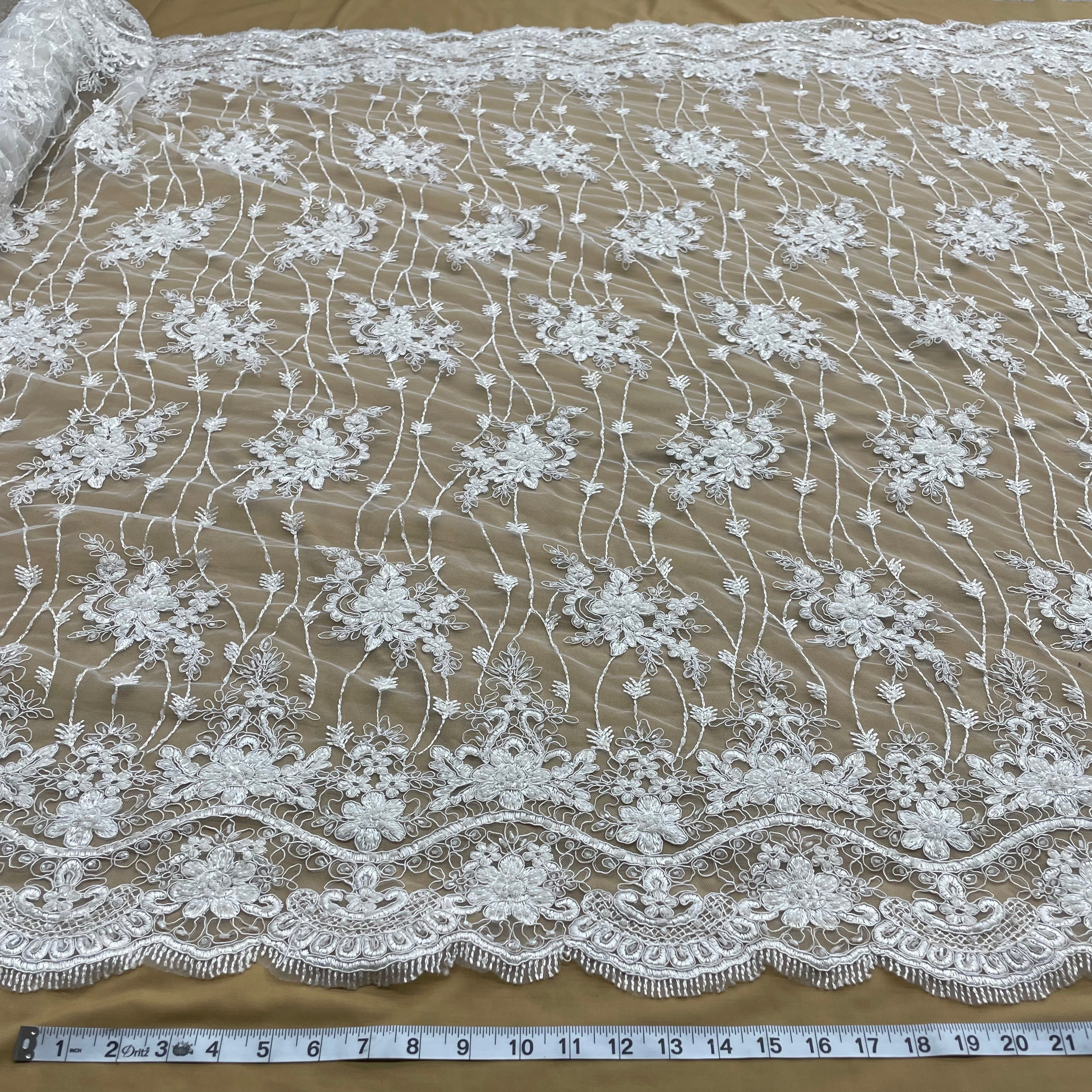 Beaded & Corded Bridal Lace Fabric Embroidered on 100% Polyester Net Mesh | Lace USA - GD-1815
