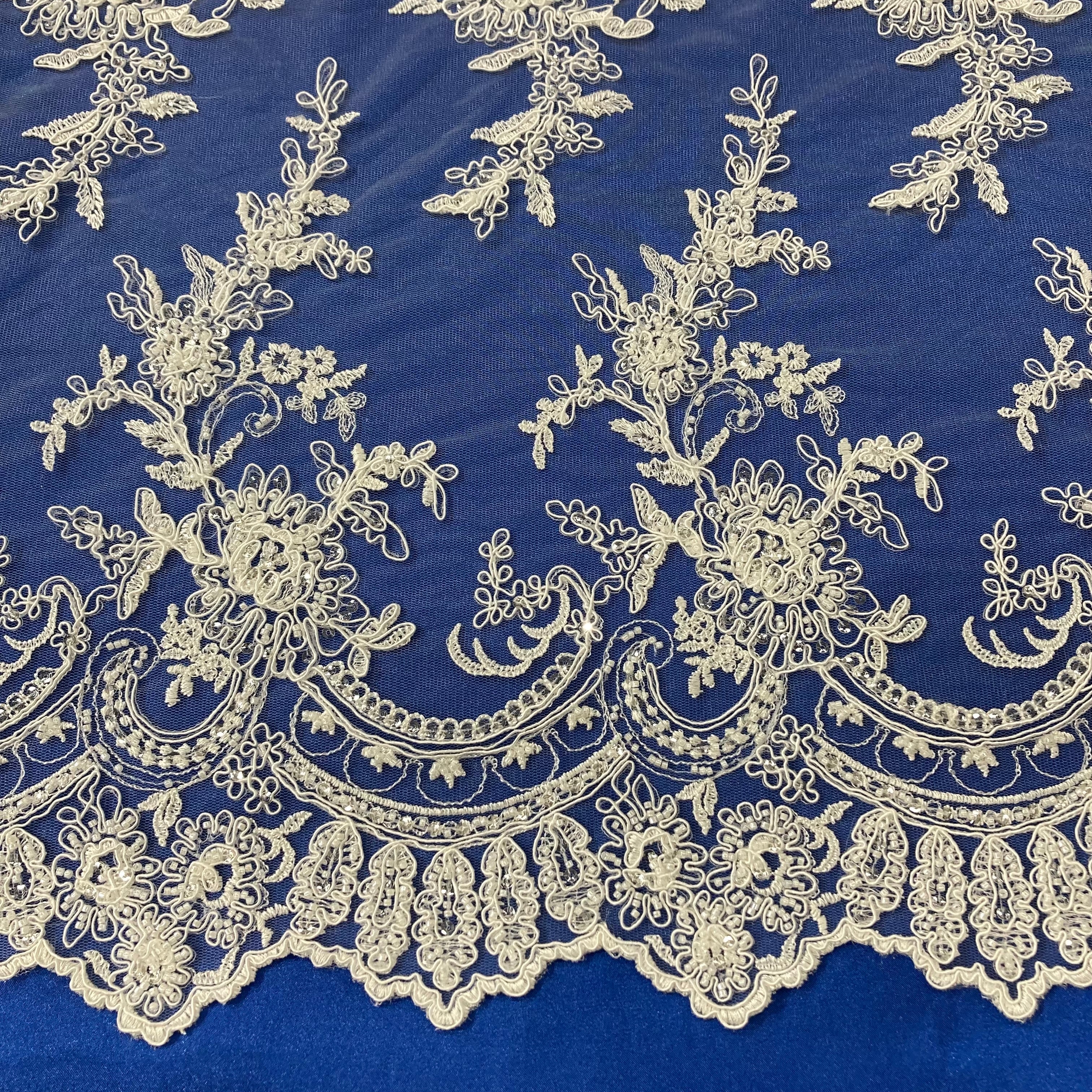 Beaded & Corded Bridal Fabric Lace Embroidered on 100% Polyester Net Mesh | Lace USA - 96979W-HB