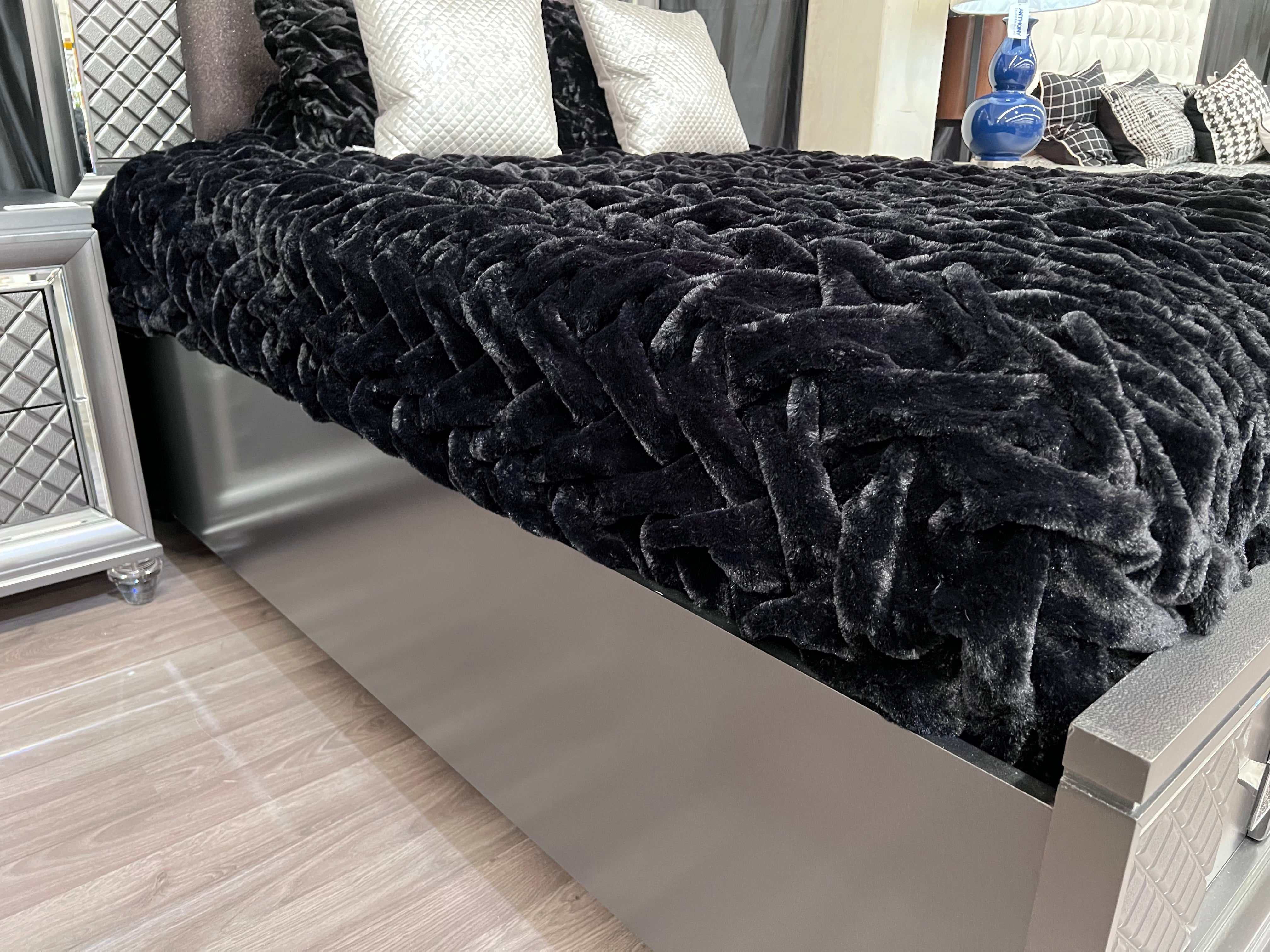 Braided Fluffy Faux Fur Chinchilla Black Bed Cover/ Coverlet/ Blanket/ Comforter/ King Cal Size - Queen Size
