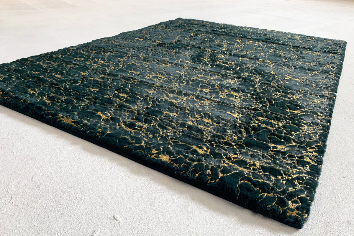 Hunter Green With Golden Metallic Shimmery Design Faux Rabbit Touch Rugs