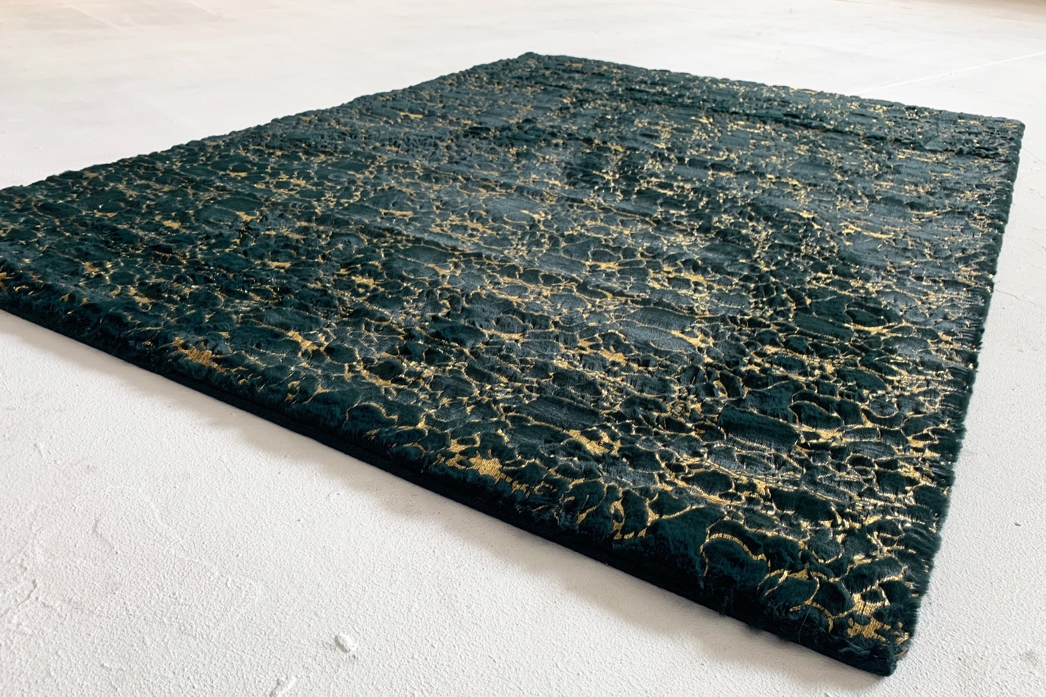 Hunter Green With Golden Metallic Shimmery Design Faux Rabbit Touch Rugs
