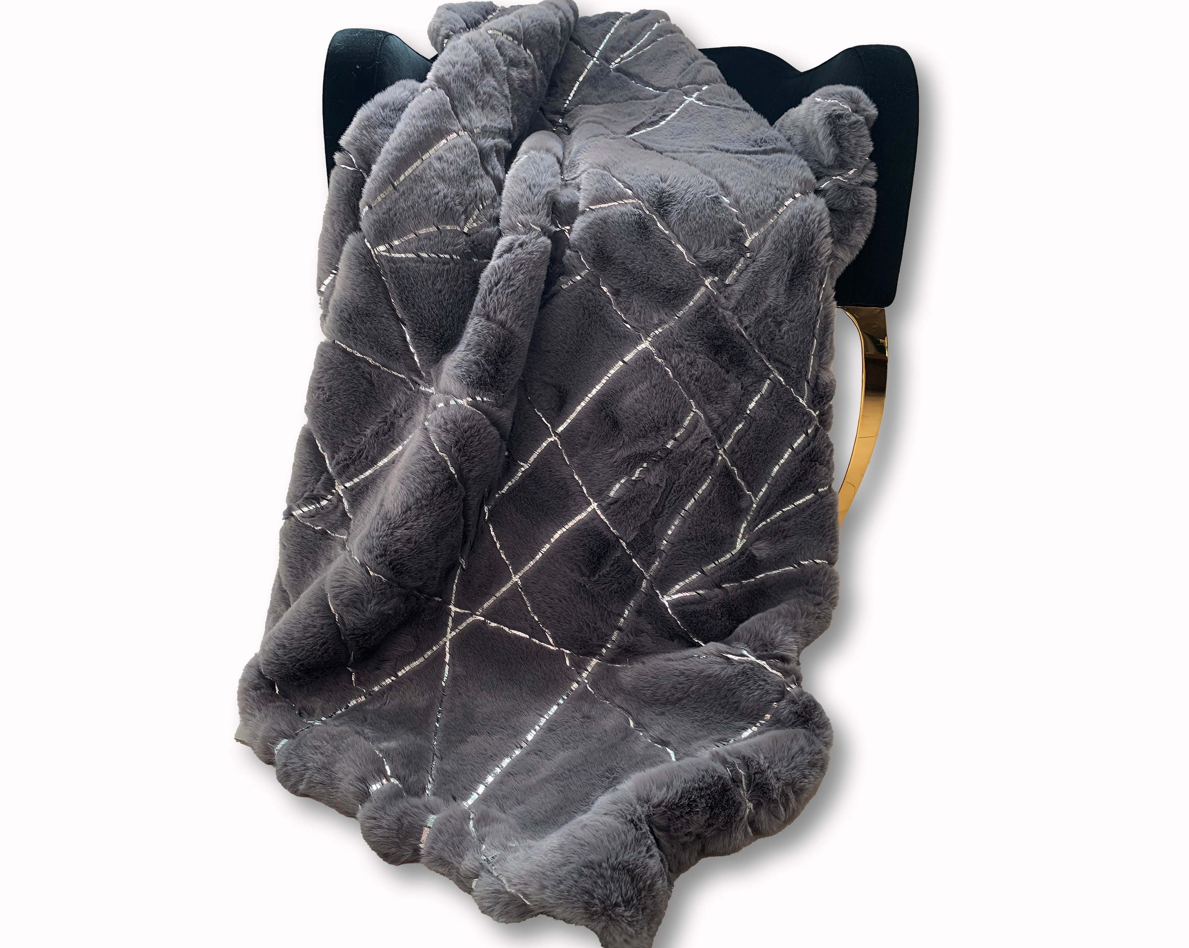 Metallic Golden Scattered Shimmery Design Faux Rabbit Touch Soft Throw Blanket - Coverlet/ Quilt/ Throw/ Bedspread/ Bedcover