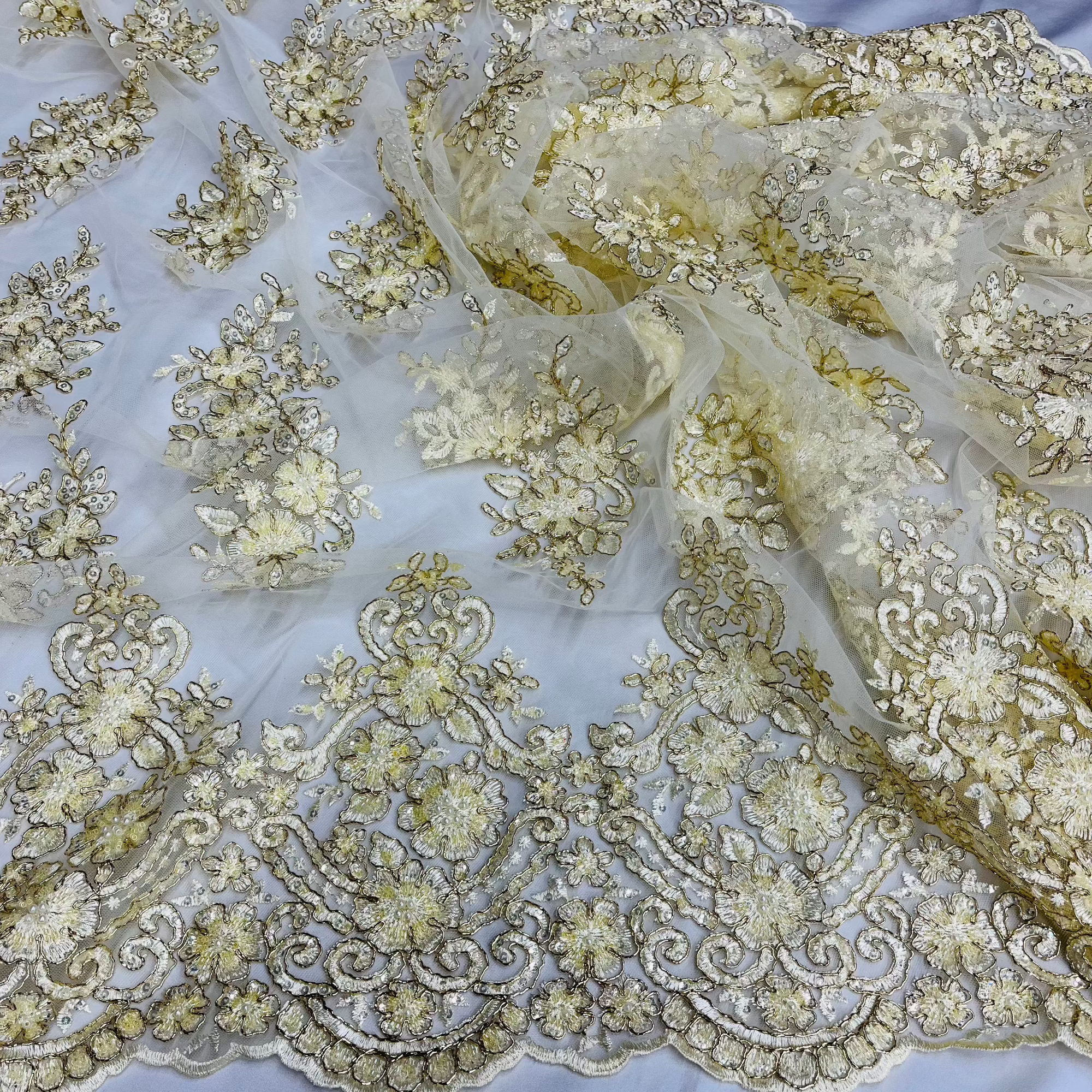 Beaded Corded Lace Fabric With Scallops Embroidered on 100% Poly Metallic | Lace USA - GD-1245
