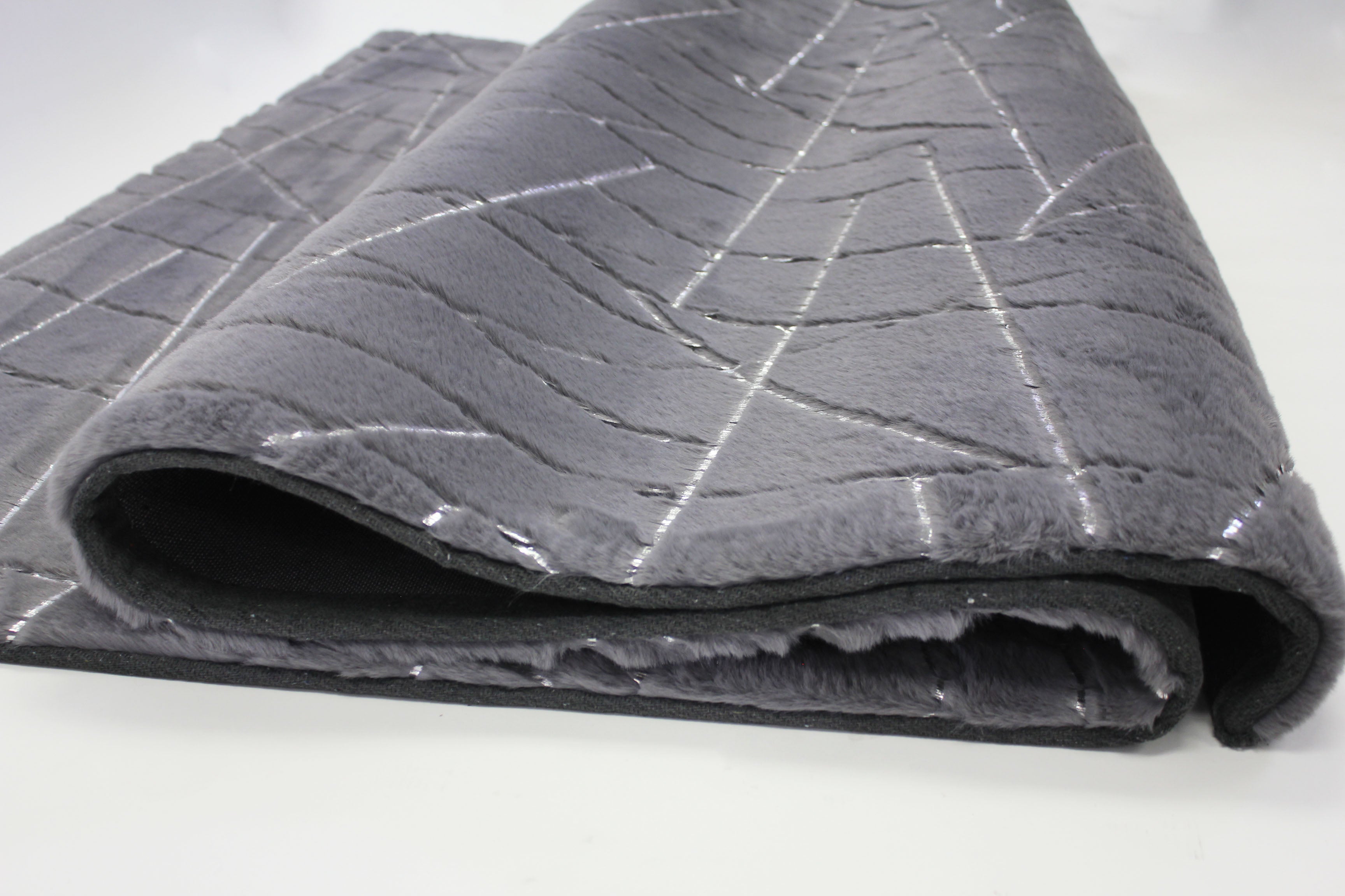 Charcoal Lines with Silver Metallic Shimmery Design Faux Rabbit Touch Rug