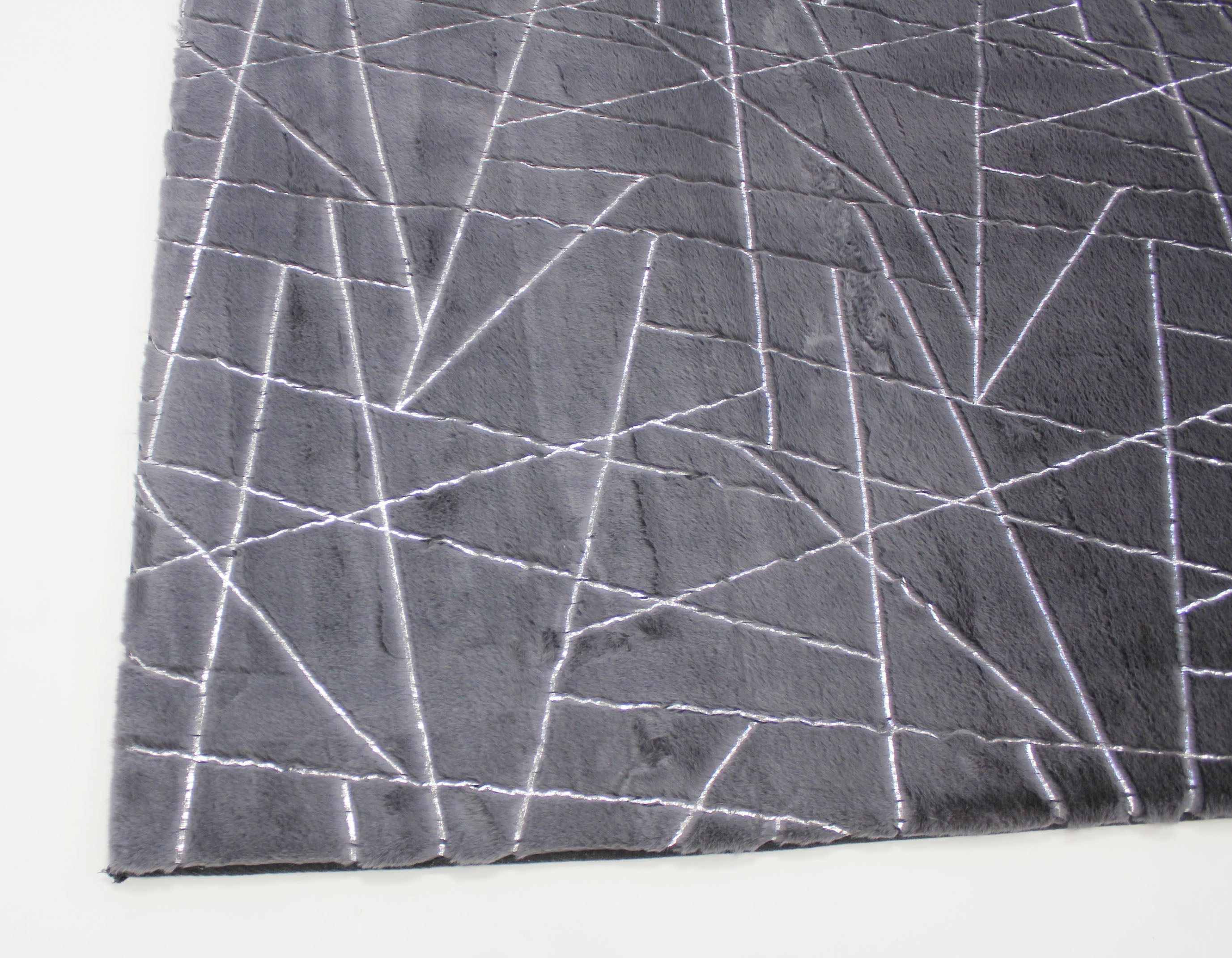 Charcoal Lines with Silver Metallic Shimmery Design Faux Rabbit Touch Rug