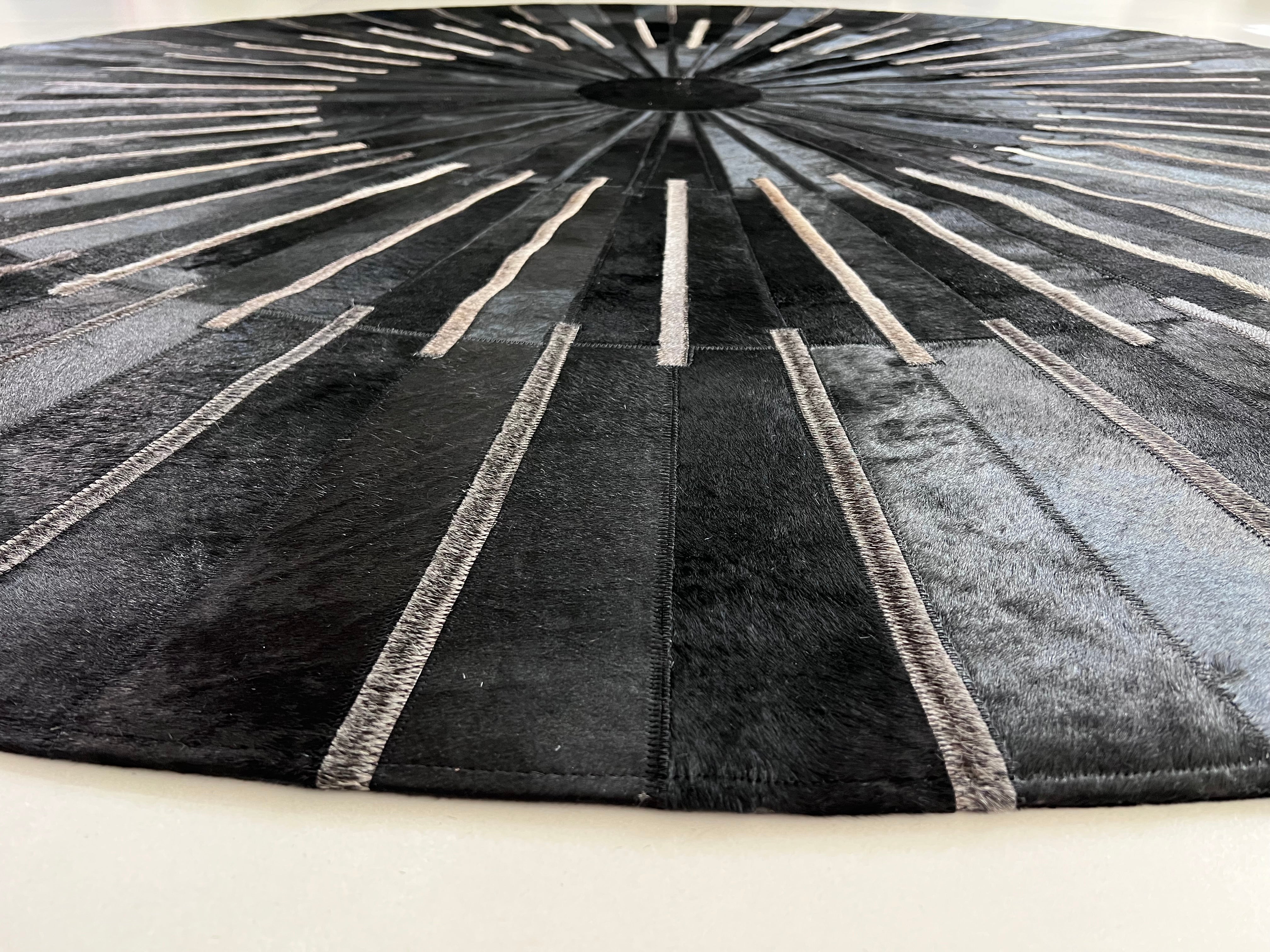 Geometric Round Cowhide Patchwork Rug – Black with Charcoal Stripes - Patchwork PCH216 Round