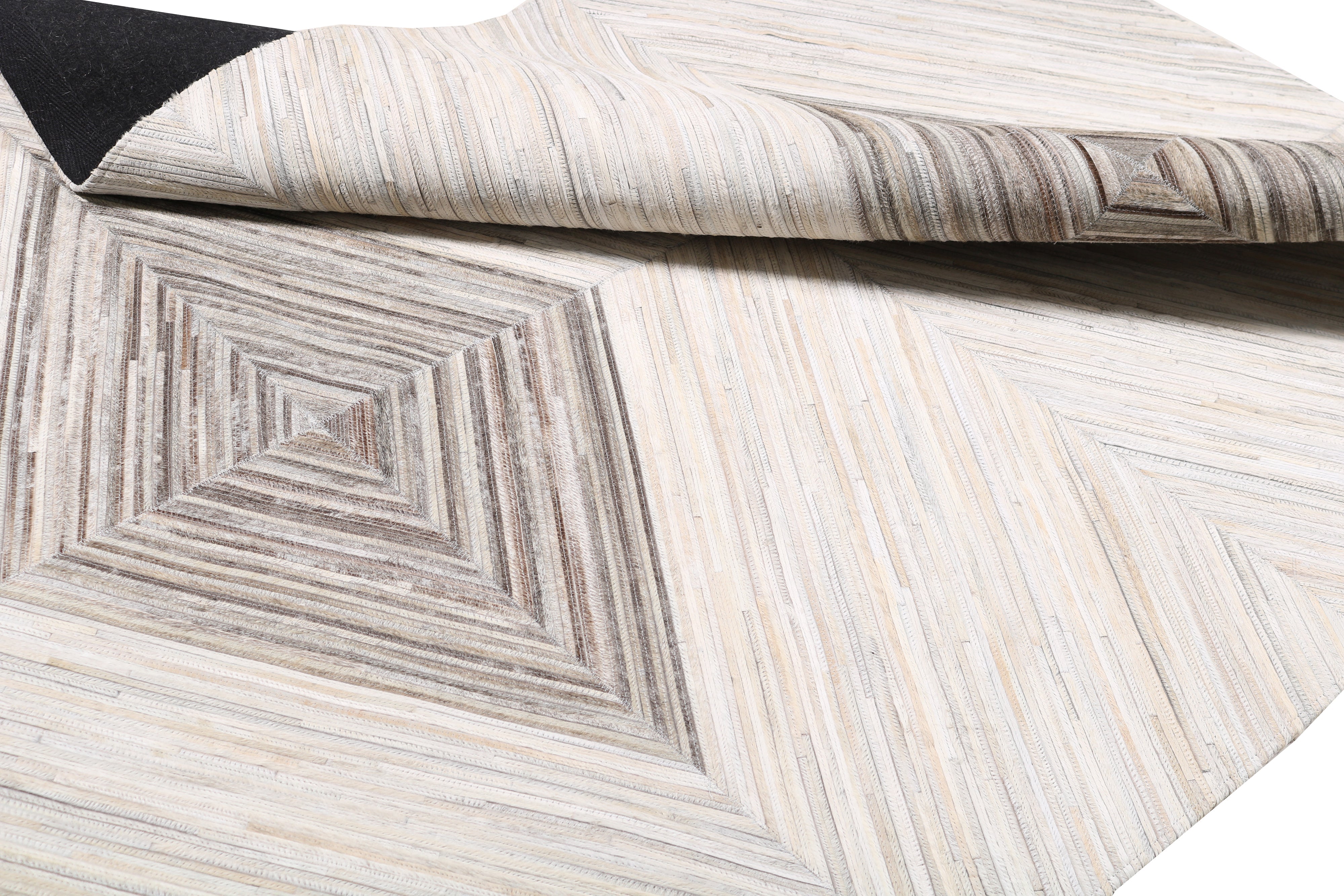 Geometric Diamond Cowhide Patchwork Rug – Ivory, Charcoal Grey, White & Brown Accents - Patchwork PCH221