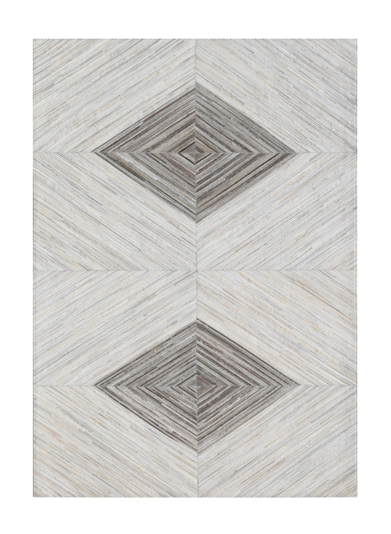 Geometric Diamond Cowhide Patchwork Rug – Ivory, Charcoal Grey, White & Brown Accents - Patchwork PCH221