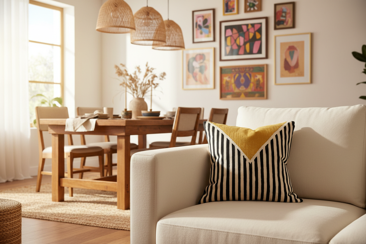 White Base Decorative Throw Pillow with Black & Ivory Geometric Embroidery and Mustard Graphic - VIVA012.