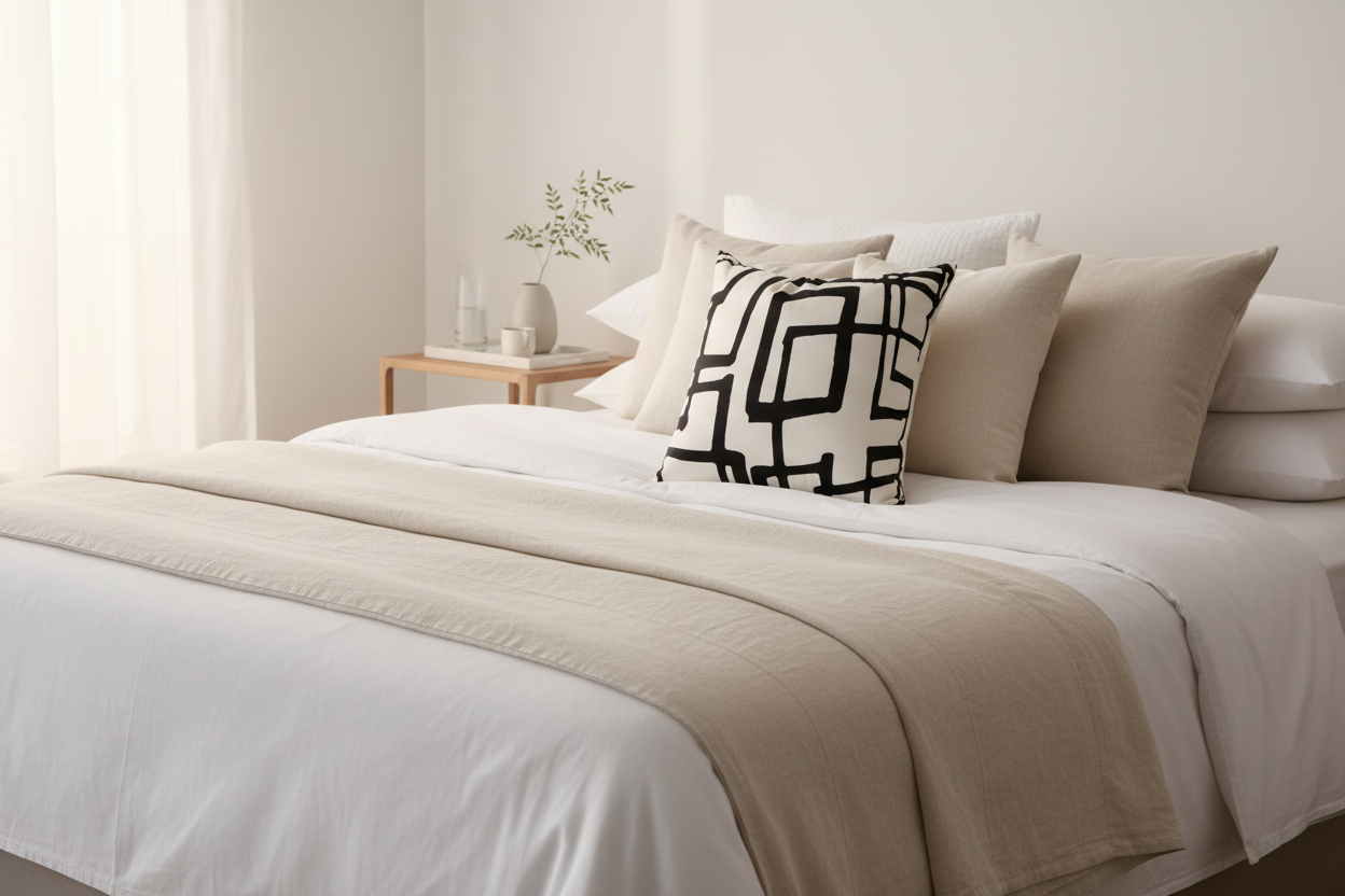 White Throw Pillow Featuring Black Velvet Geometric Squares - VIVA018.