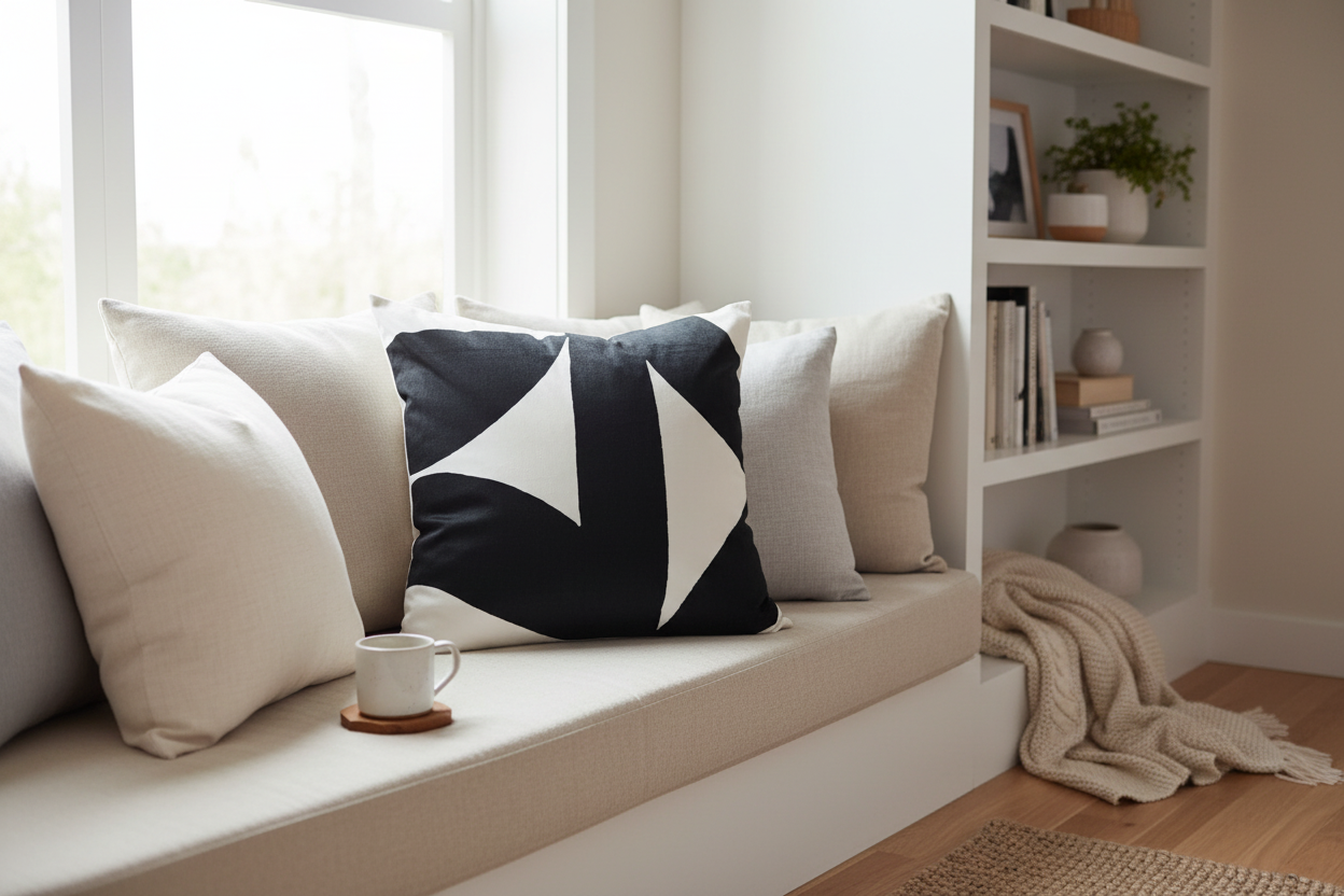 White Velvet Throw Pillow with Thick Black Abstract Design - VIVA017.
