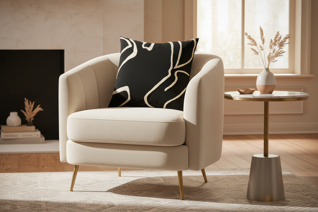 Black Velvet Throw Pillow with Sandy Beige Abstract Embroidery - VIVA013.