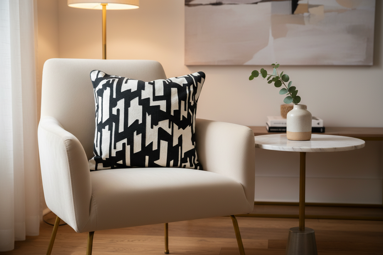 Black Velvet Pillow Featuring Beige Abstract Geometric Embroidery - SEV007.