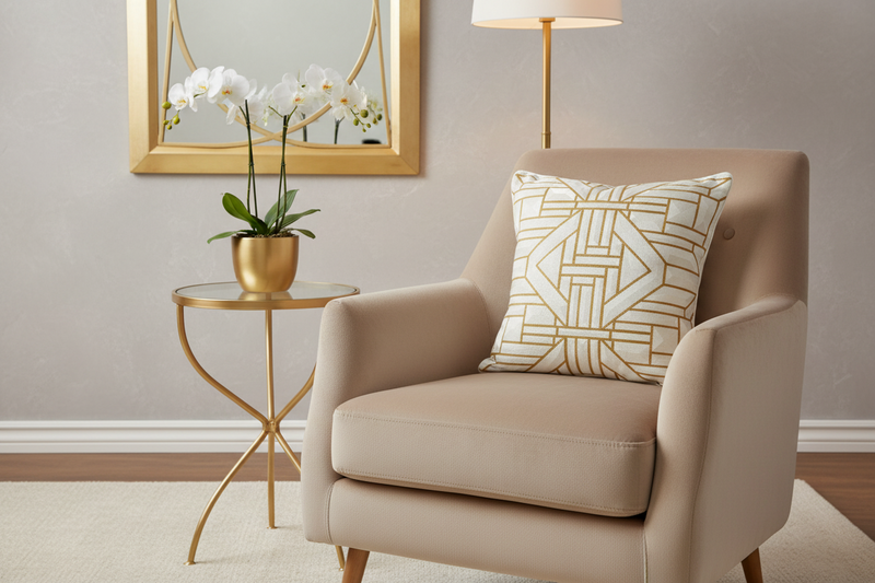 White Throw Pillow with Ivory and Gold Holographic Embroidered Stitching - SEV006.