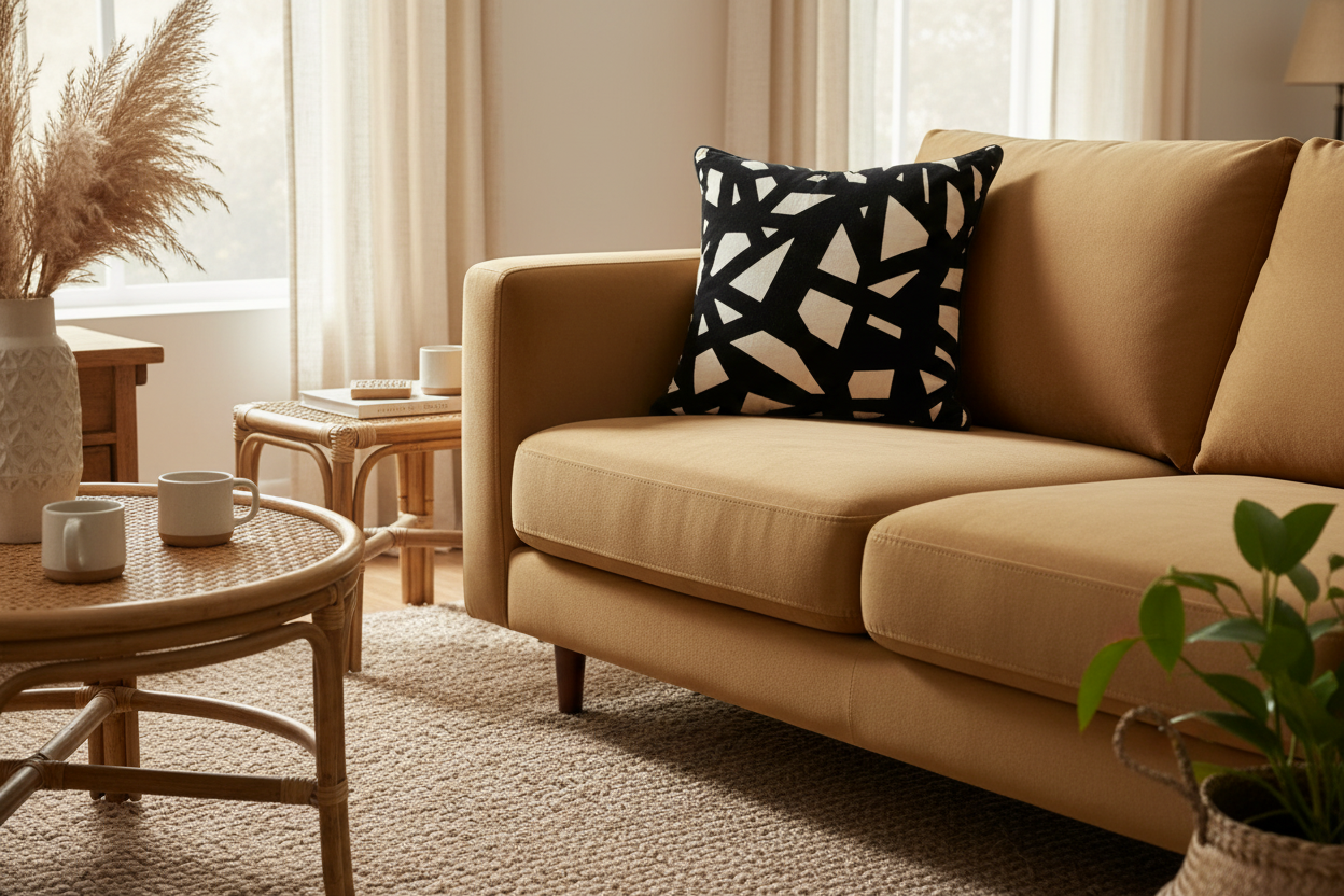 Black Velvet Geometric Accent Pillow on Sandy Beige Base - VIVA014.