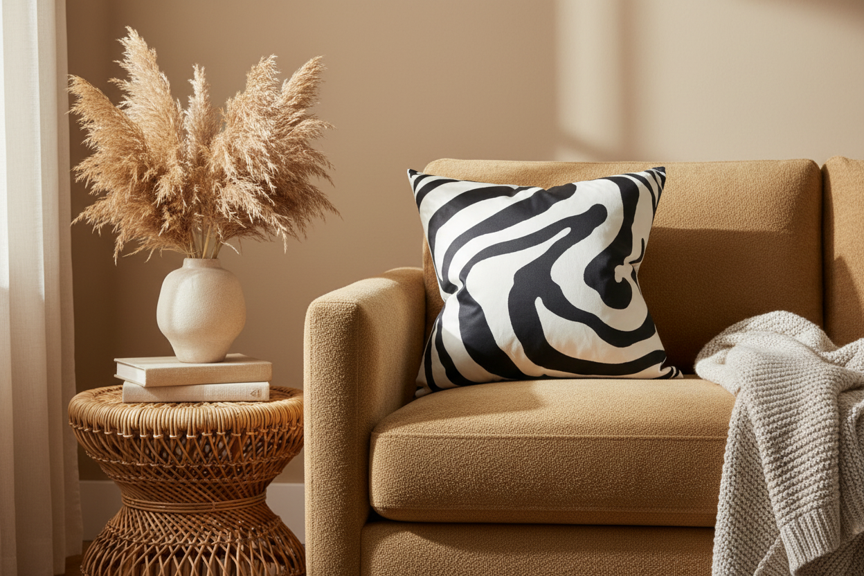 Modern Velvet Throw Pillow – White Abstract with Black Swirled Zebra Design - VIVA021.