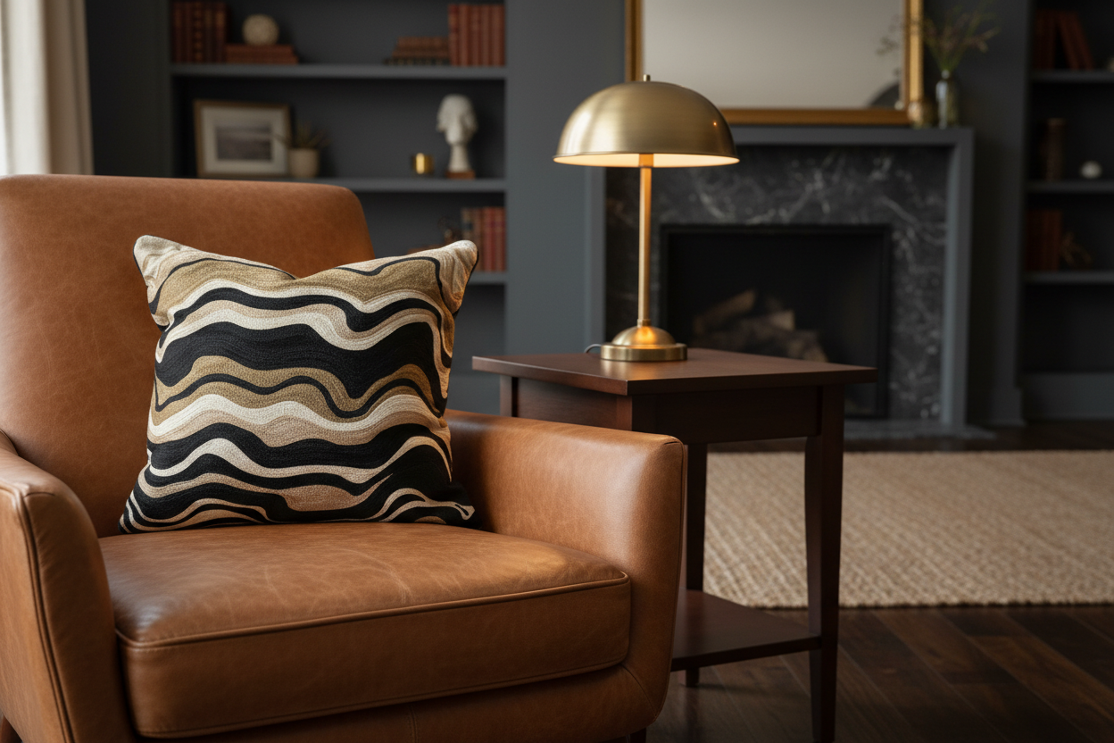 Black Velvet Throw Pillow with Bronze, Black, Beige & Ivory Abstract Embroidery - SEV005.