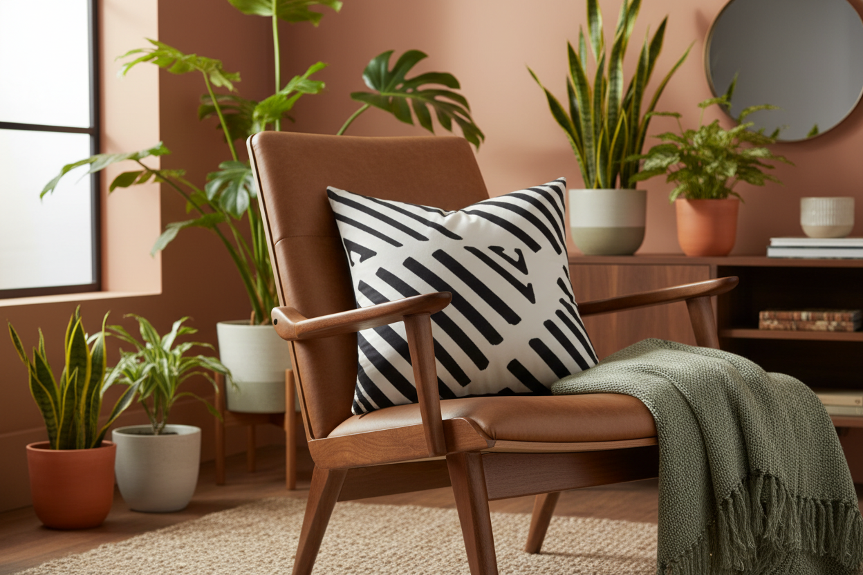 White Throw Pillow with Bold Black Velvet Geometric Design - VIVA019.