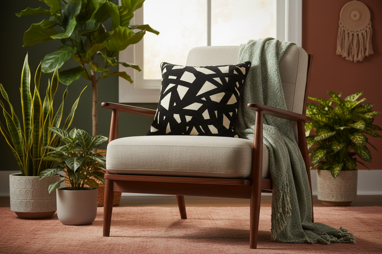 Black Velvet Geometric Accent Pillow on Sandy Beige Base - VIVA014.