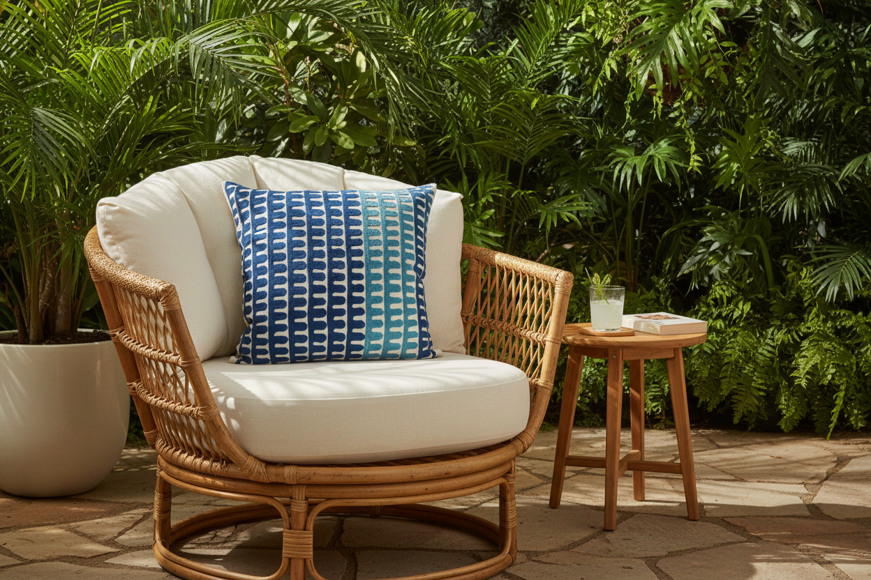 Sandy Beige Pillow with Ocean-Inspired Blue & Turquoise Embroidery - VIVA016.