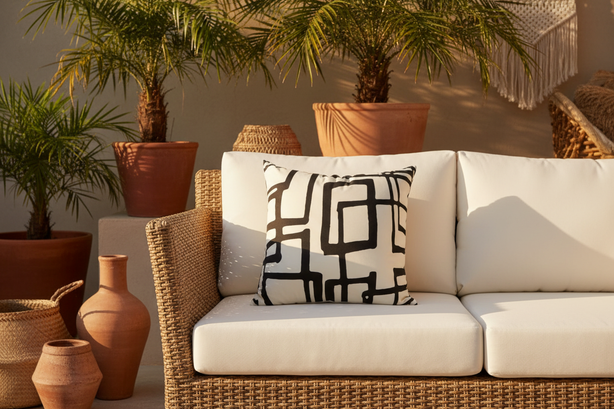 White Throw Pillow Featuring Black Velvet Geometric Squares - VIVA018.