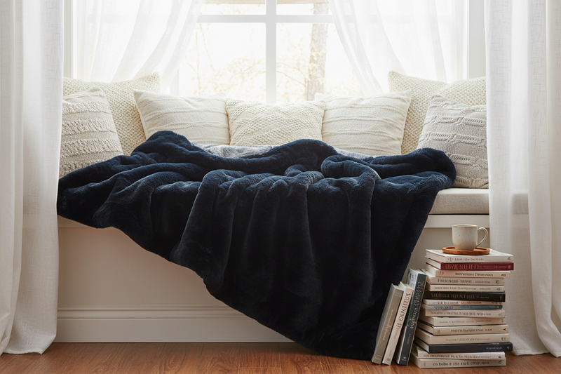 Luxe Dark Indigo Chinchilla Faux Fur Throw Blanket – Ultra-Soft Plush Warmth