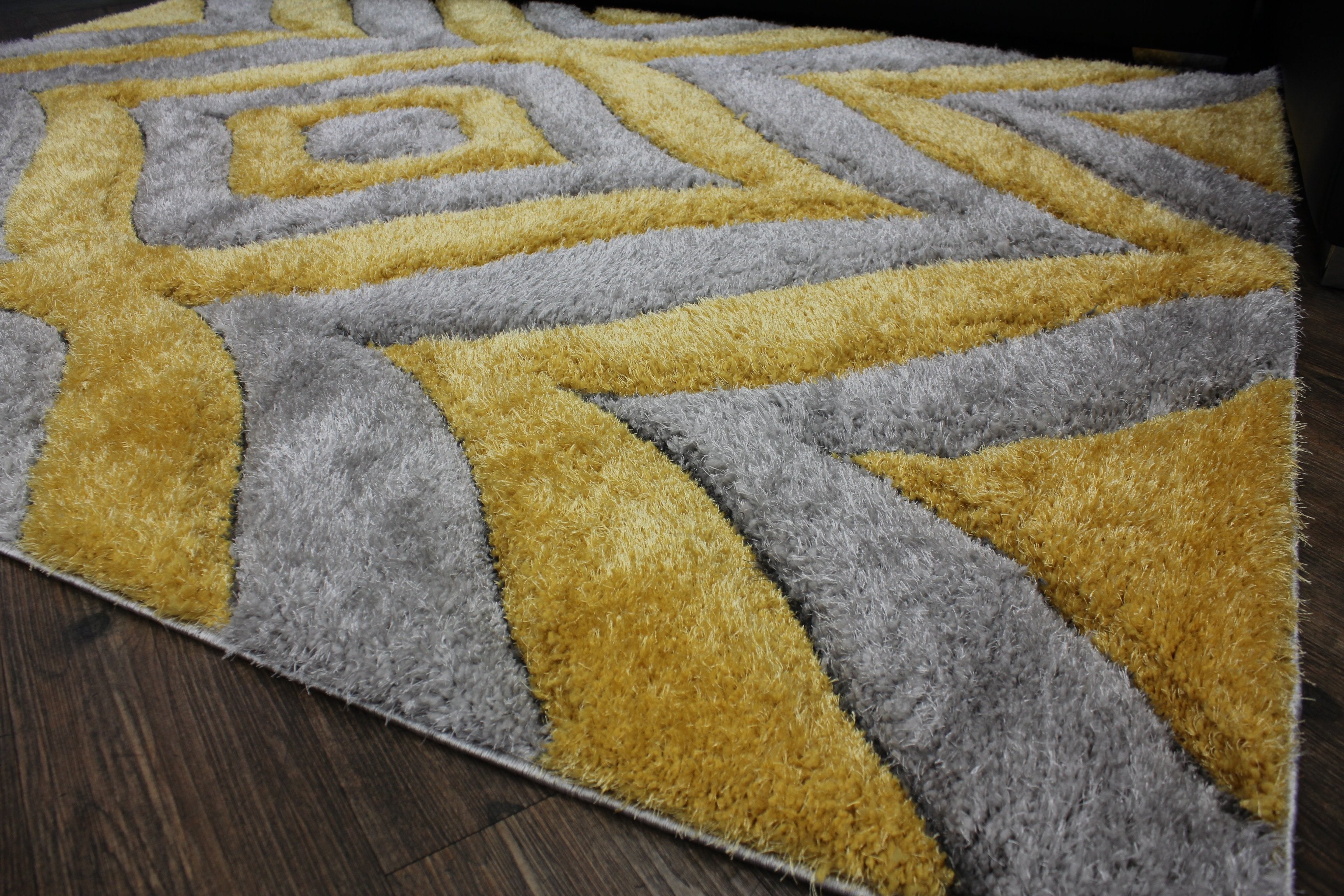 Touch of Red/Silver/Yellow Shag Area Rugs/Carpets | Style# SR-721 - Crafted from 100% Polyester, Plush Fluffy Shine 3D Geometric Design