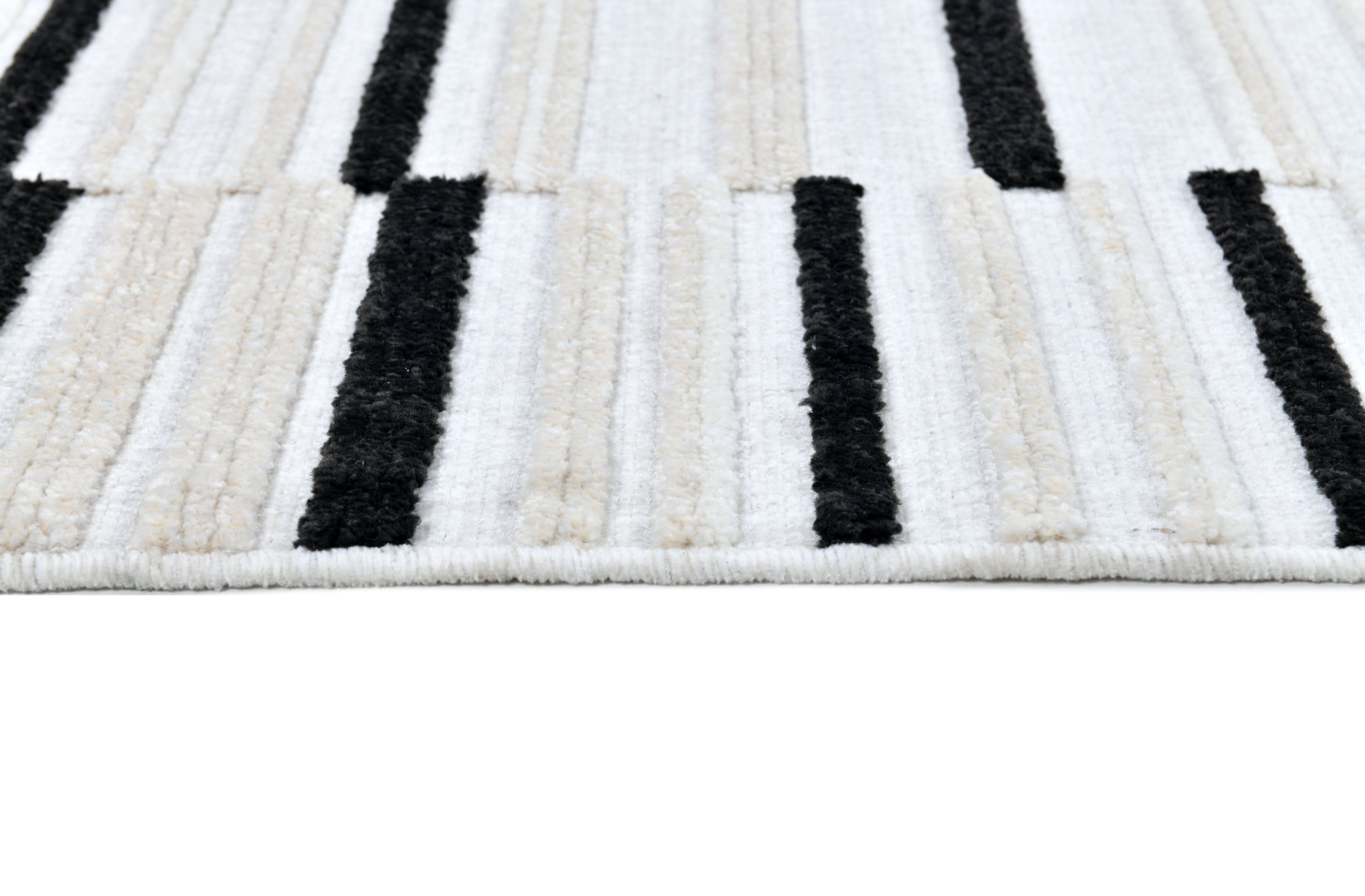 Soft Cream Rug with High-Low 3D Detail with Black/Neutral Striped Bohemian Motif - TIA 102.