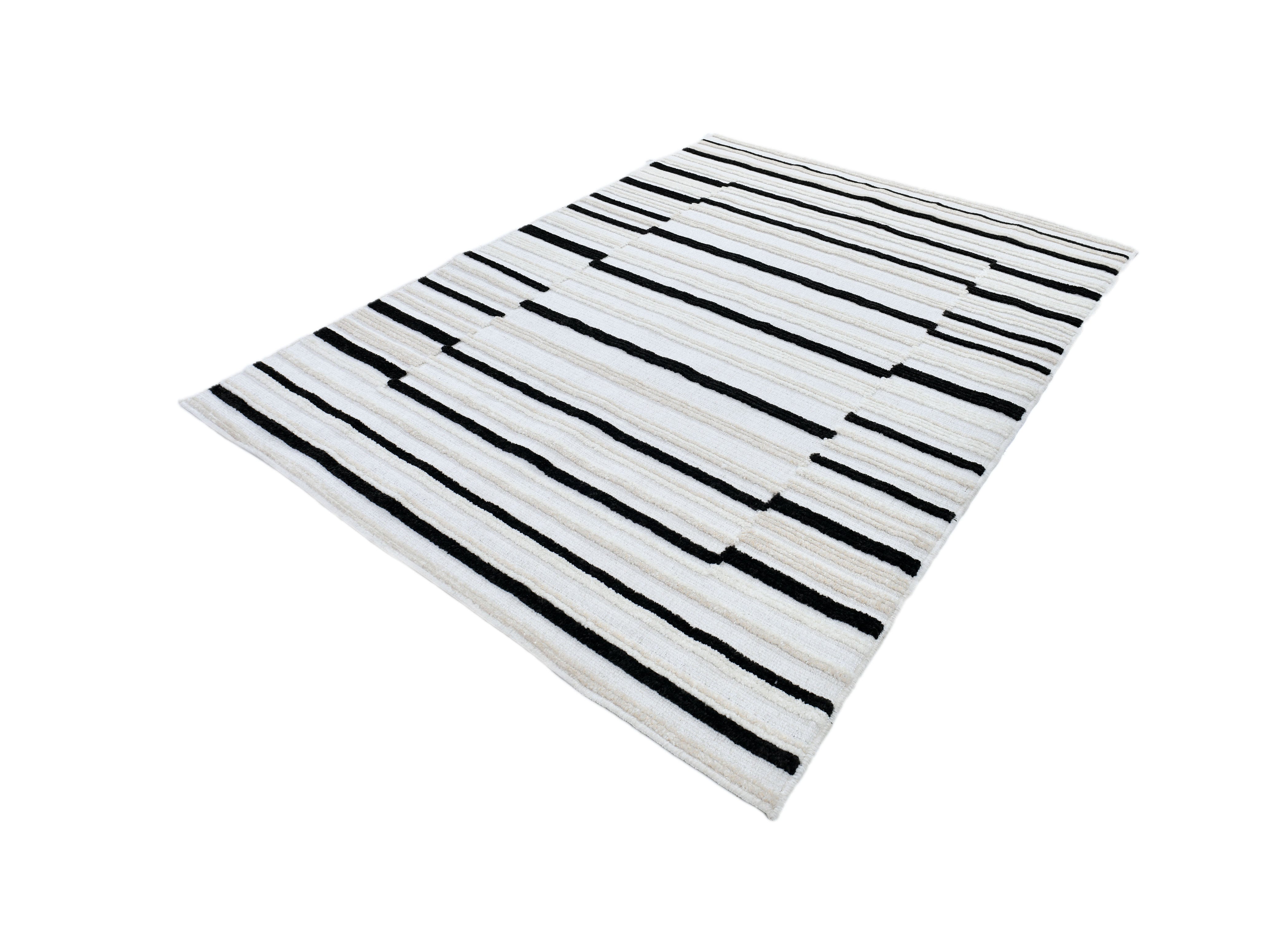 Soft Cream Rug with High-Low 3D Detail with Black/Neutral Striped Bohemian Motif - TIA 102.