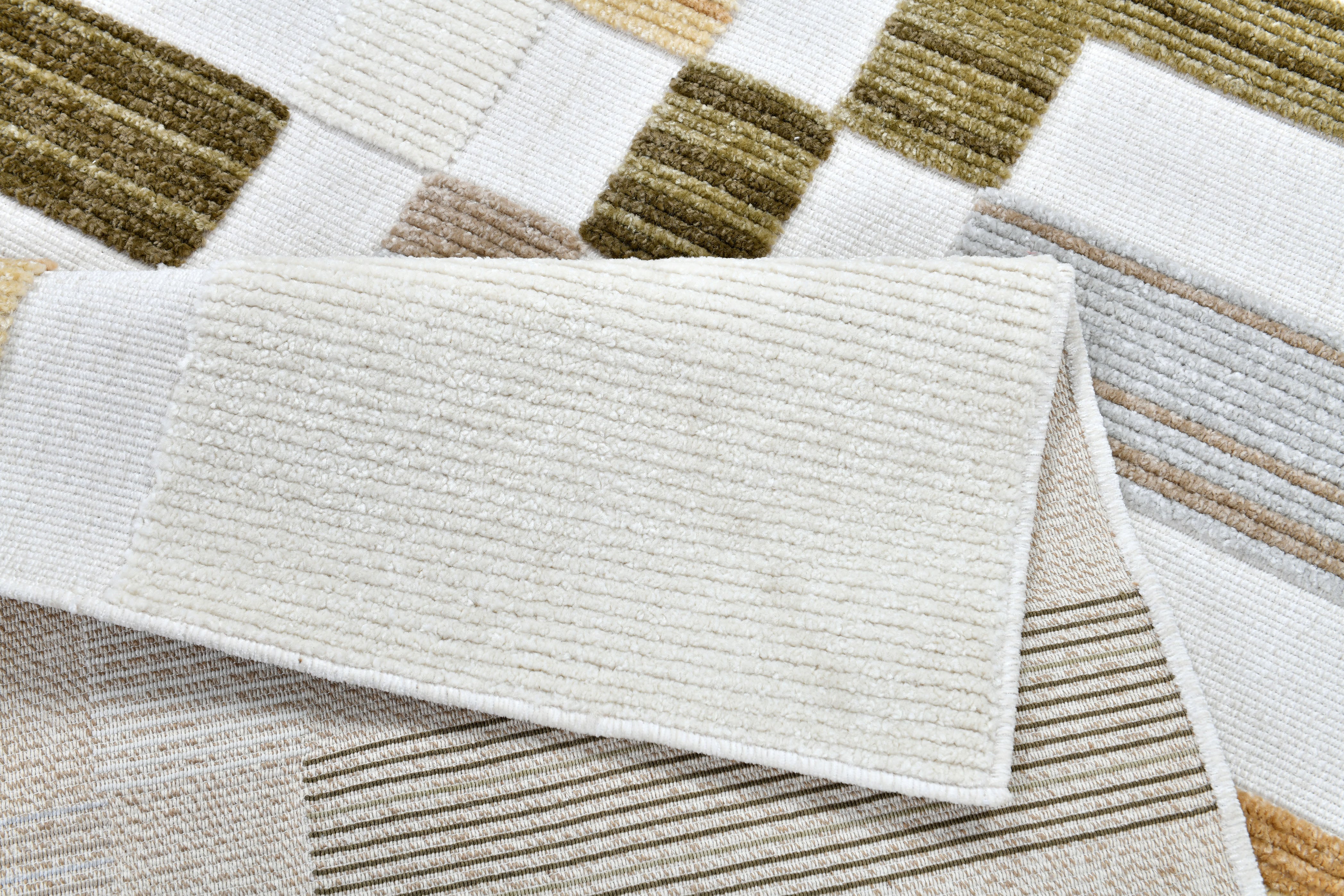 Cream Boho Area Rug – High-Low Texture with Earthy Hues of Mustard, Green & Beige - TIA 103.