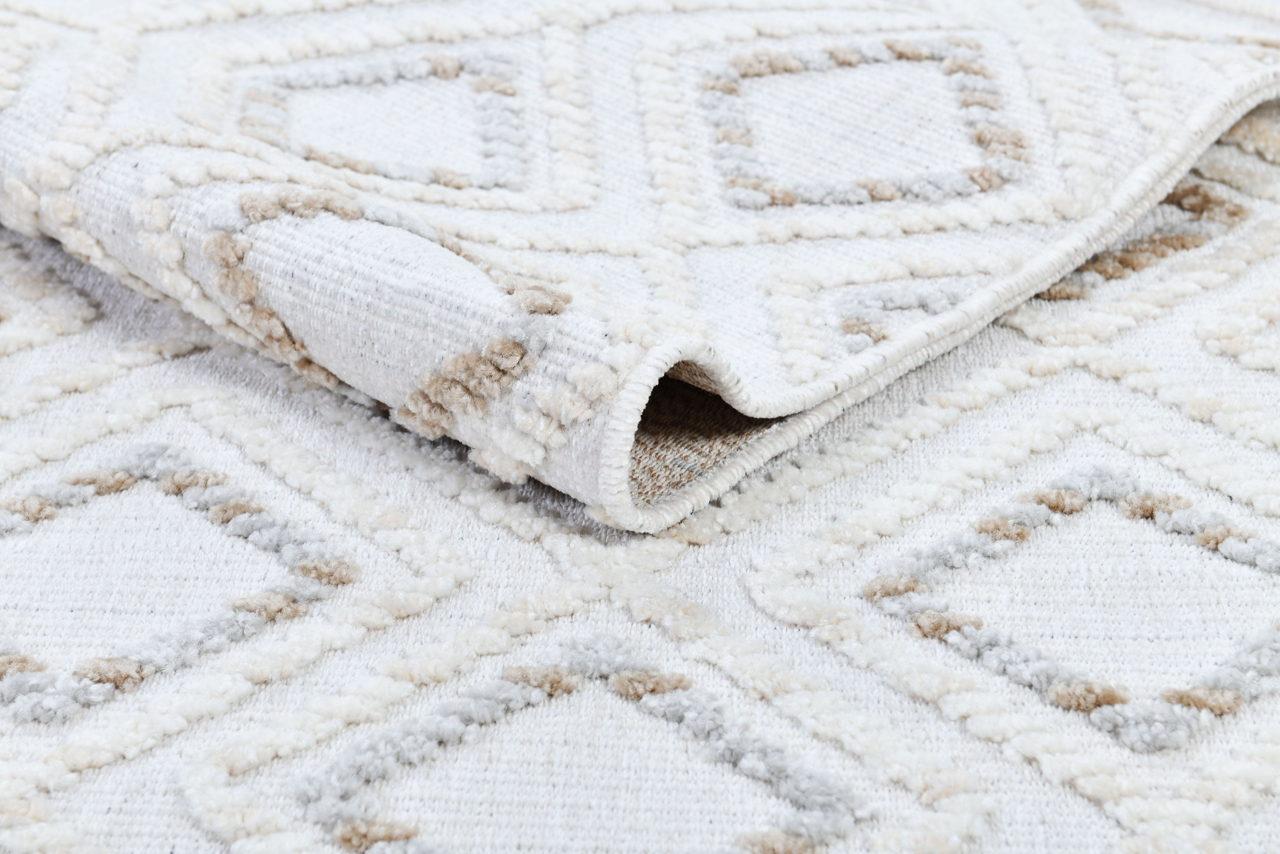 Soft Cream Rug with Brown and Beige Bohemian Motif and High-Low Texture - TIA 106.