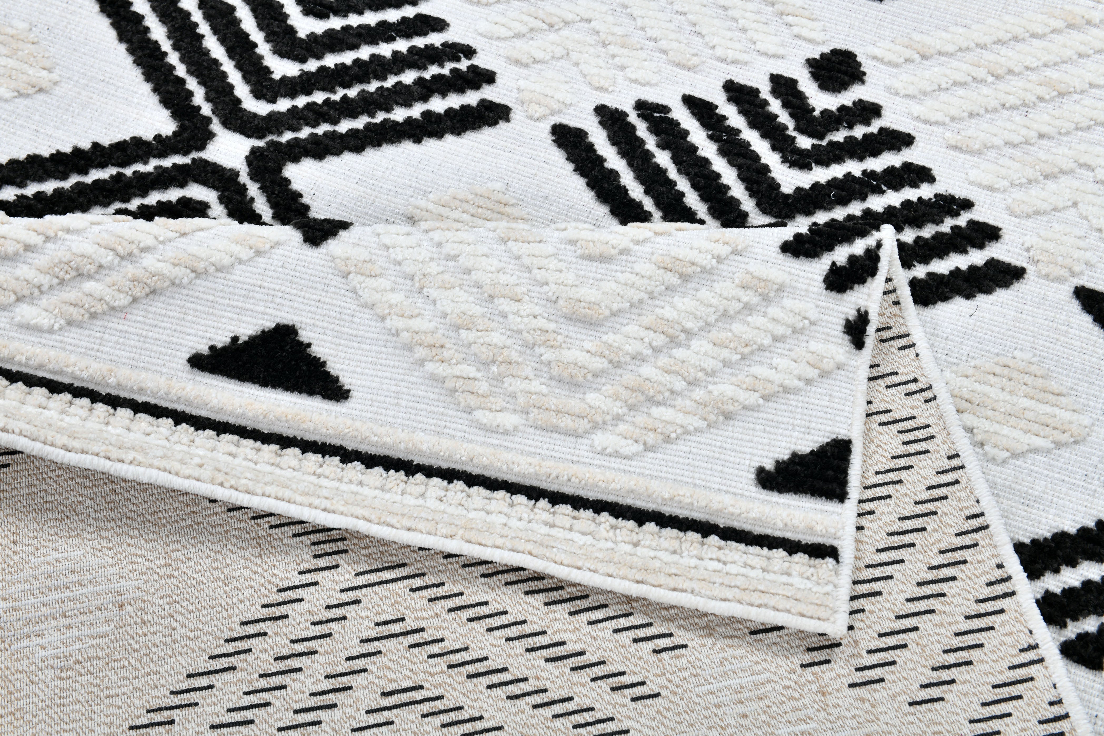Soft Cream Rug with Beige Tones and Bohemian Black & Brown High-Low Motif - TIA 107.