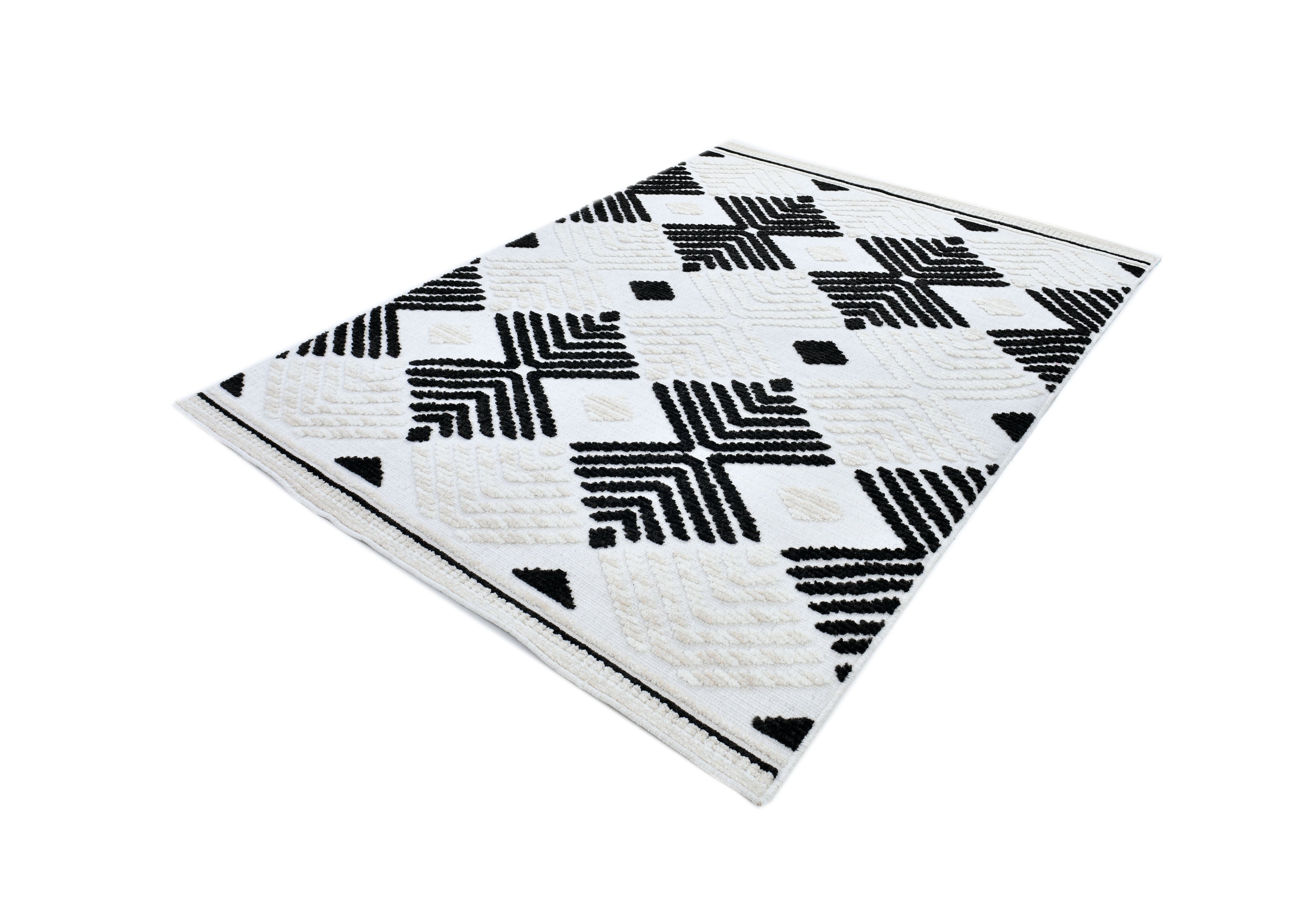 Soft Cream Rug with Beige Tones and Bohemian Black & Brown High-Low Motif - TIA 107.