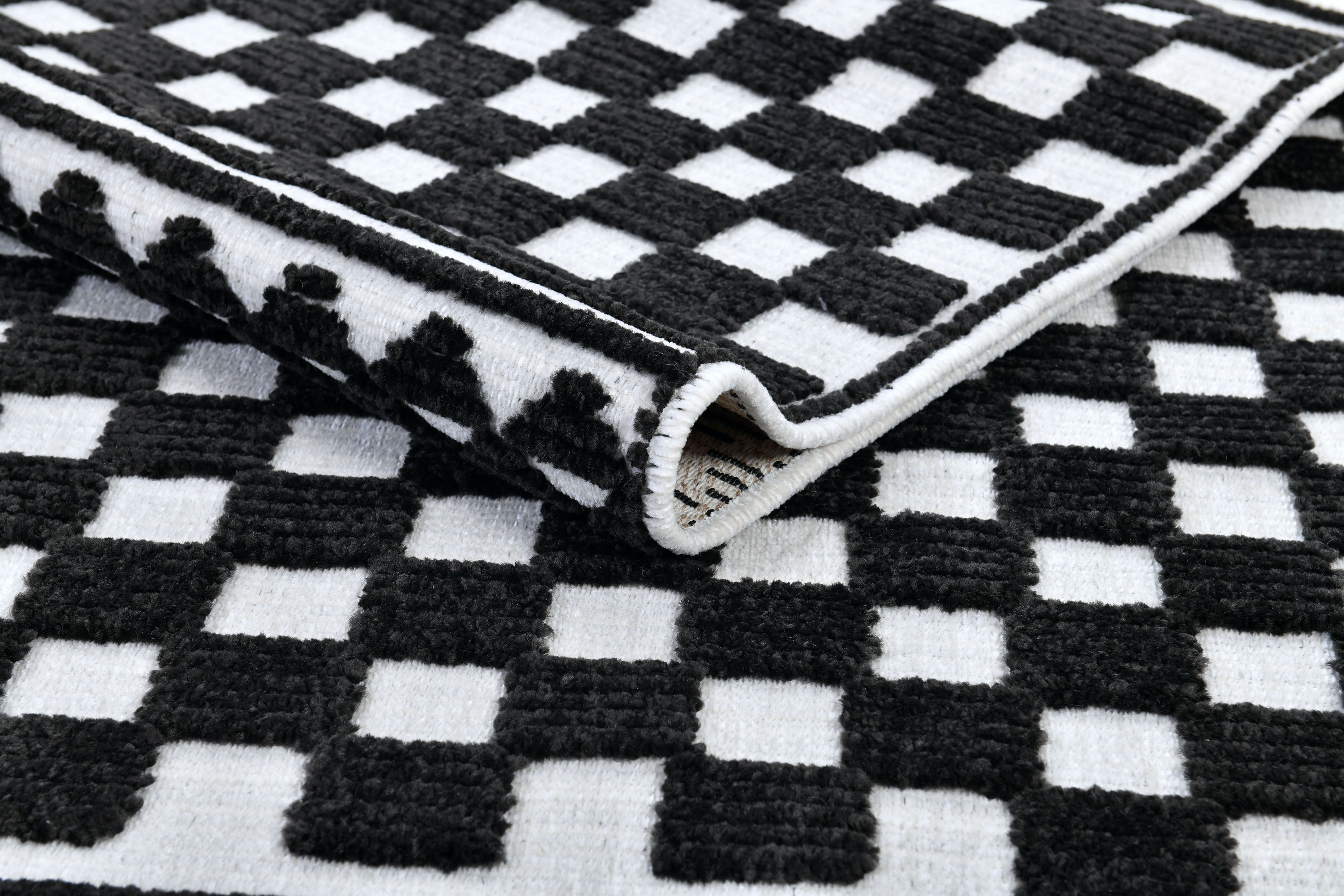 Bohemian Cream Rug – Black Geometric Pattern with Raised High-Low Detail - TIA 108.
