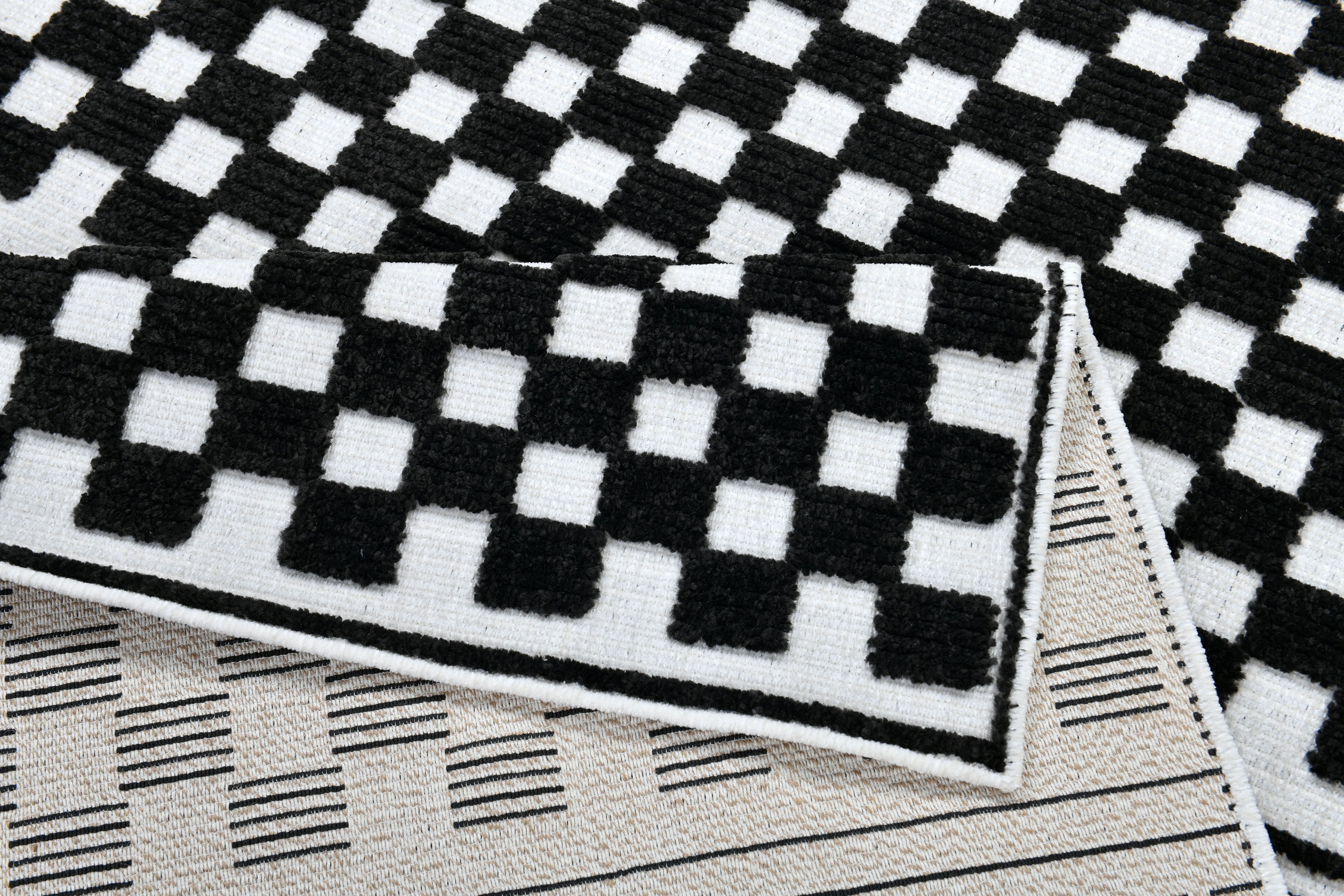 Bohemian Cream Rug – Black Geometric Pattern with Raised High-Low Detail - TIA 108.