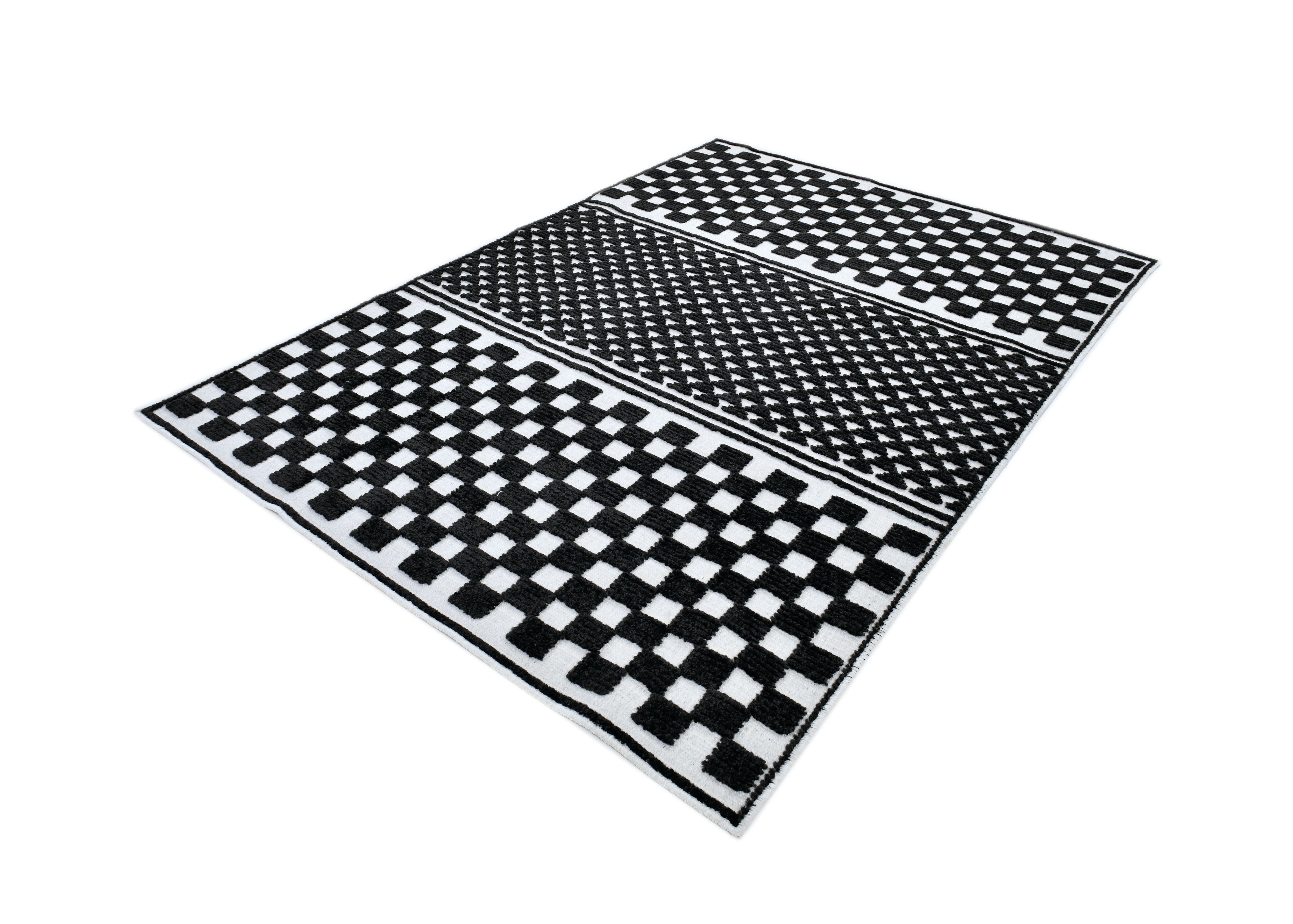 Bohemian Cream Rug – Black Geometric Pattern with Raised High-Low Detail - TIA 108.