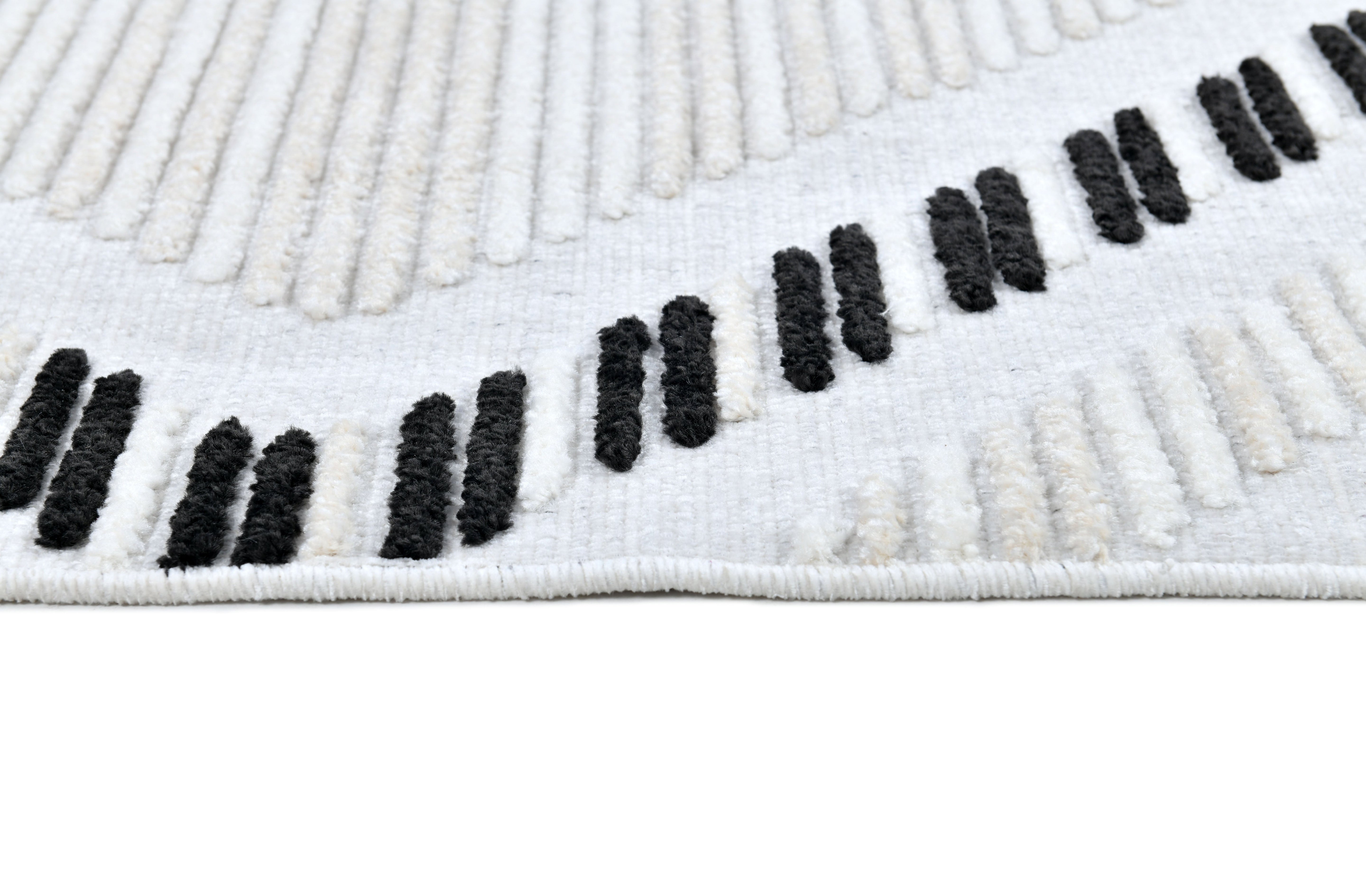 Soft Cream Rug with High-Low Detail and Black/Beige Bohemian Motif - TIA 109.