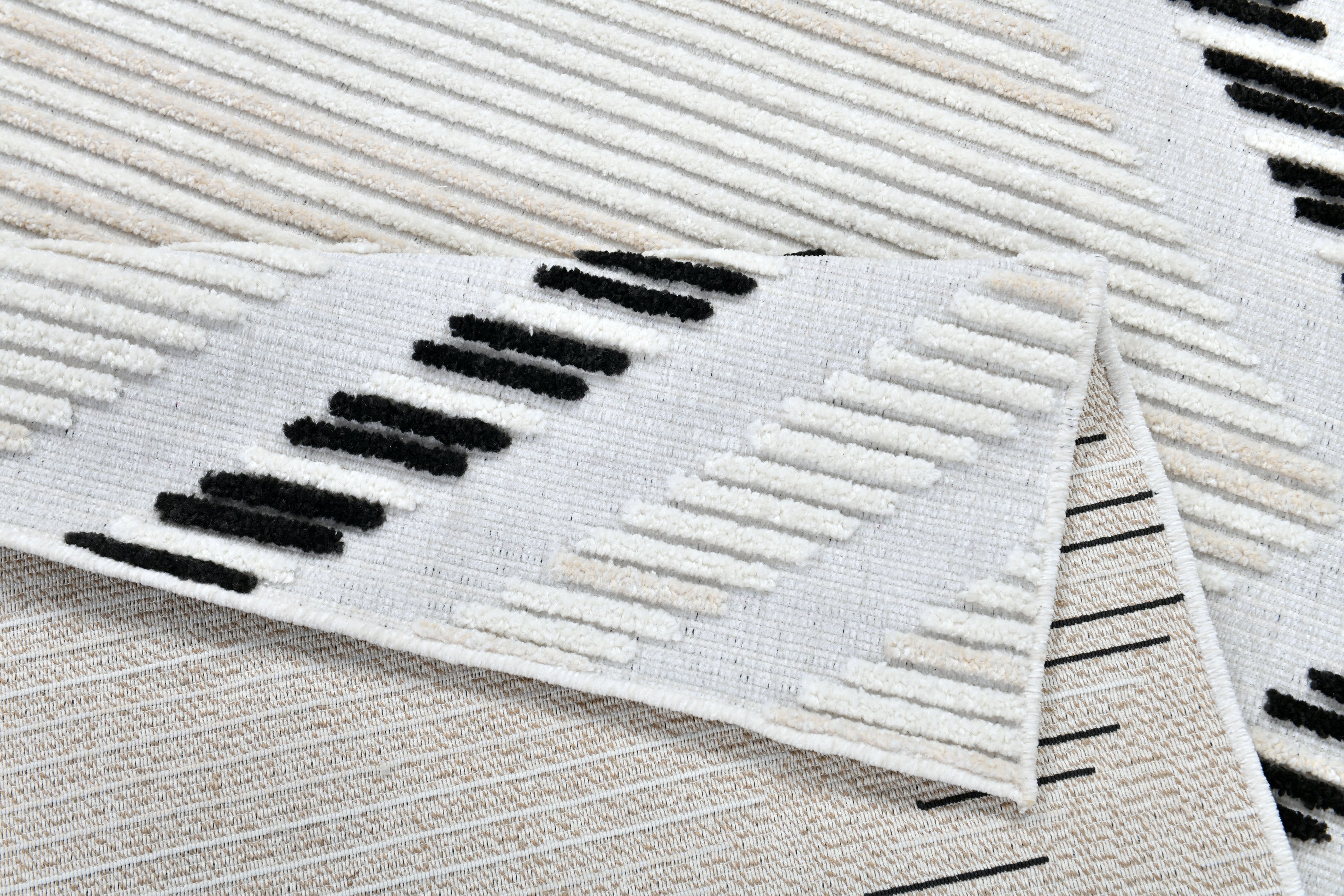 Soft Cream Rug with High-Low Detail and Black/Beige Bohemian Motif - TIA 109.