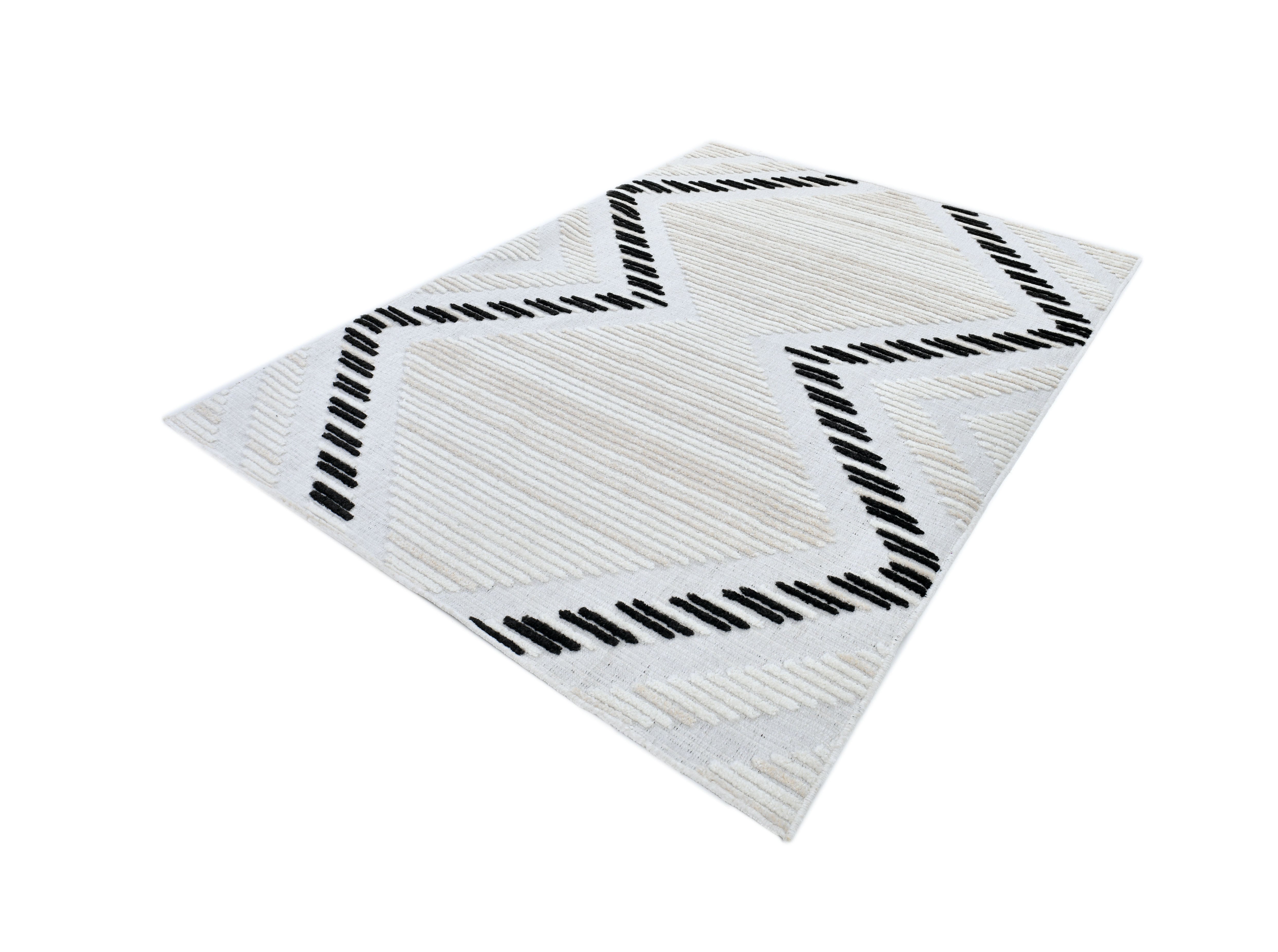 Soft Cream Rug with High-Low Detail and Black/Beige Bohemian Motif - TIA 109.