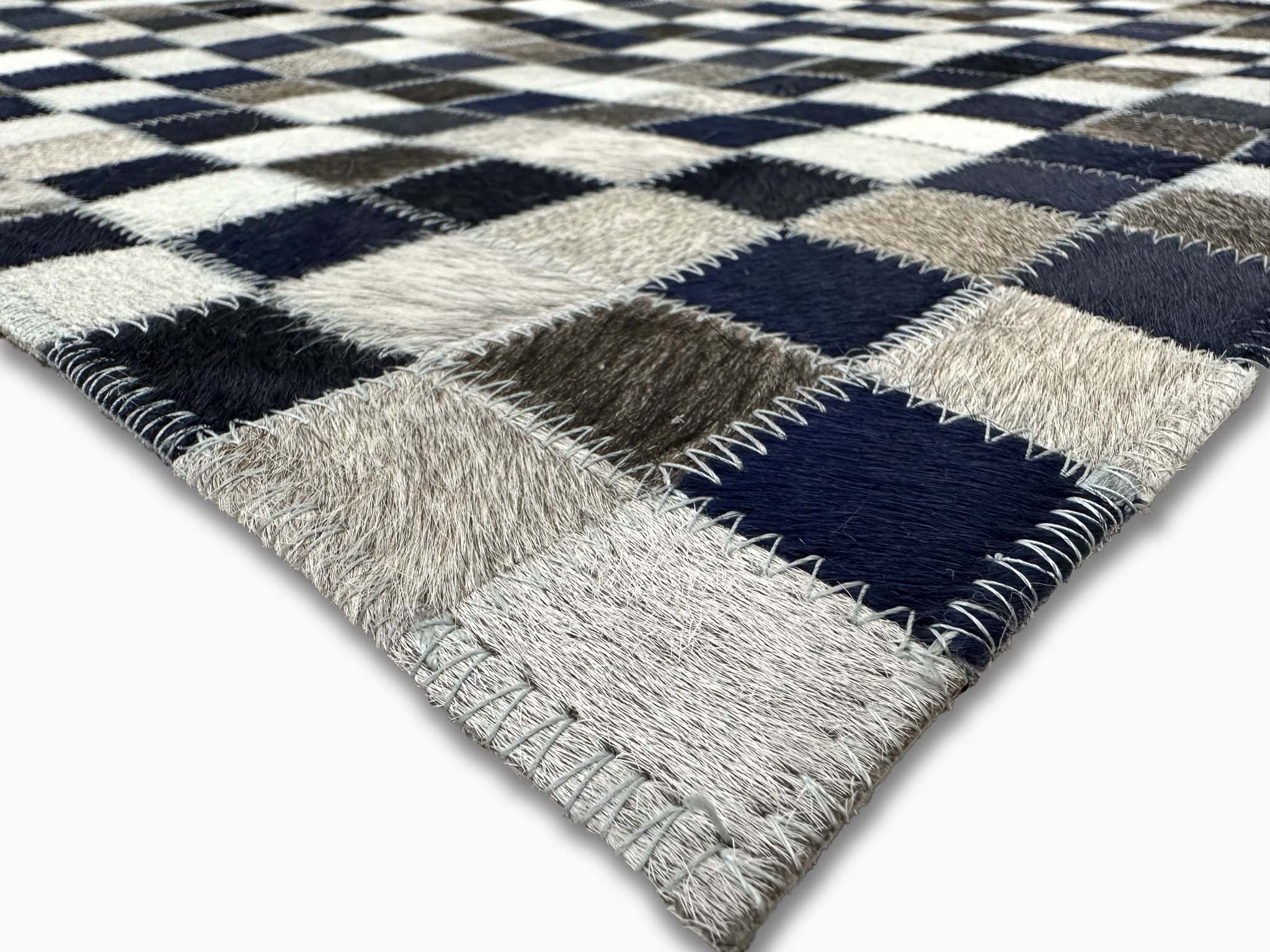 Geometric Square Cowhide Rug – Navy, Brown & Ivory Color Block Design - Tikkul Navy Patchwork Cowhide