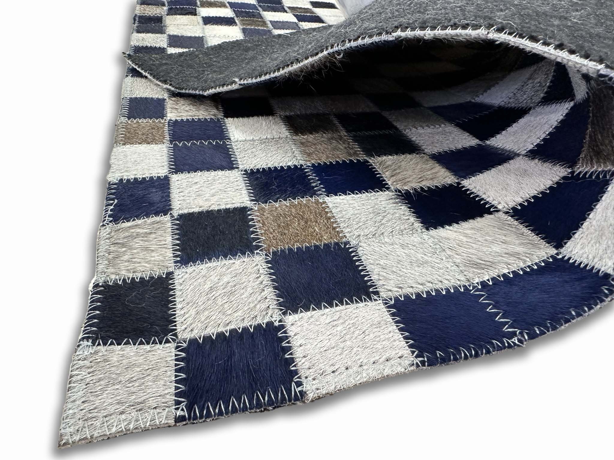 Geometric Square Cowhide Rug – Navy, Brown & Ivory Color Block Design - Tikkul Navy Patchwork Cowhide