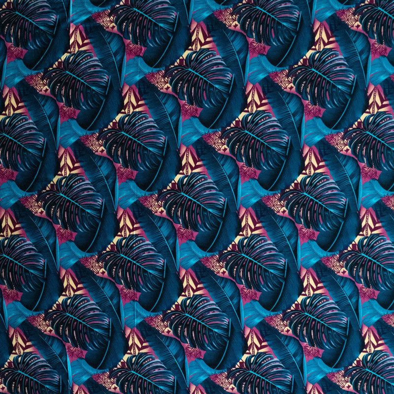 Split & Banana Leaf w/ Traditional Tribal design Rayon Poplin Fabric | Islands Fabric